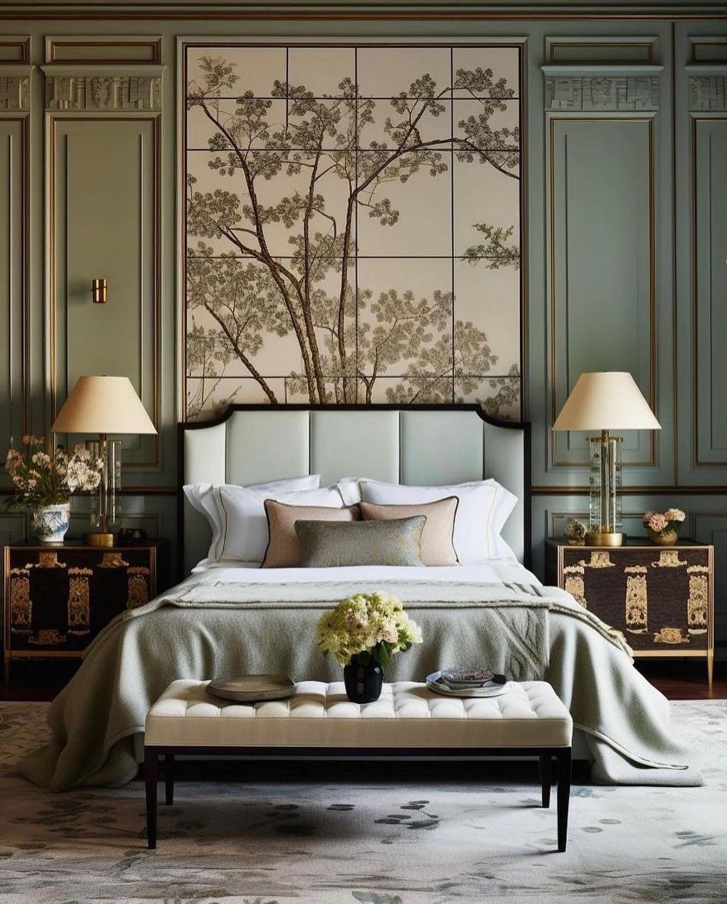Luxurious bedroom with dark sage green and gold paneled walls, a large tree-patterned artwork, and ornate nightstands.