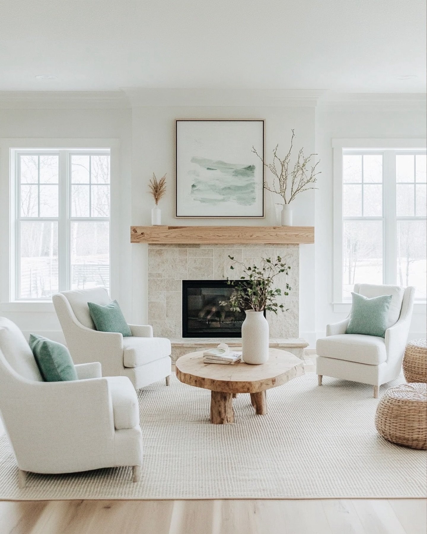 Bright living room with white walls, a light stone-tiled fireplace, rustic wood mantel, three white barrel chairs, and a round wooden coffee table.