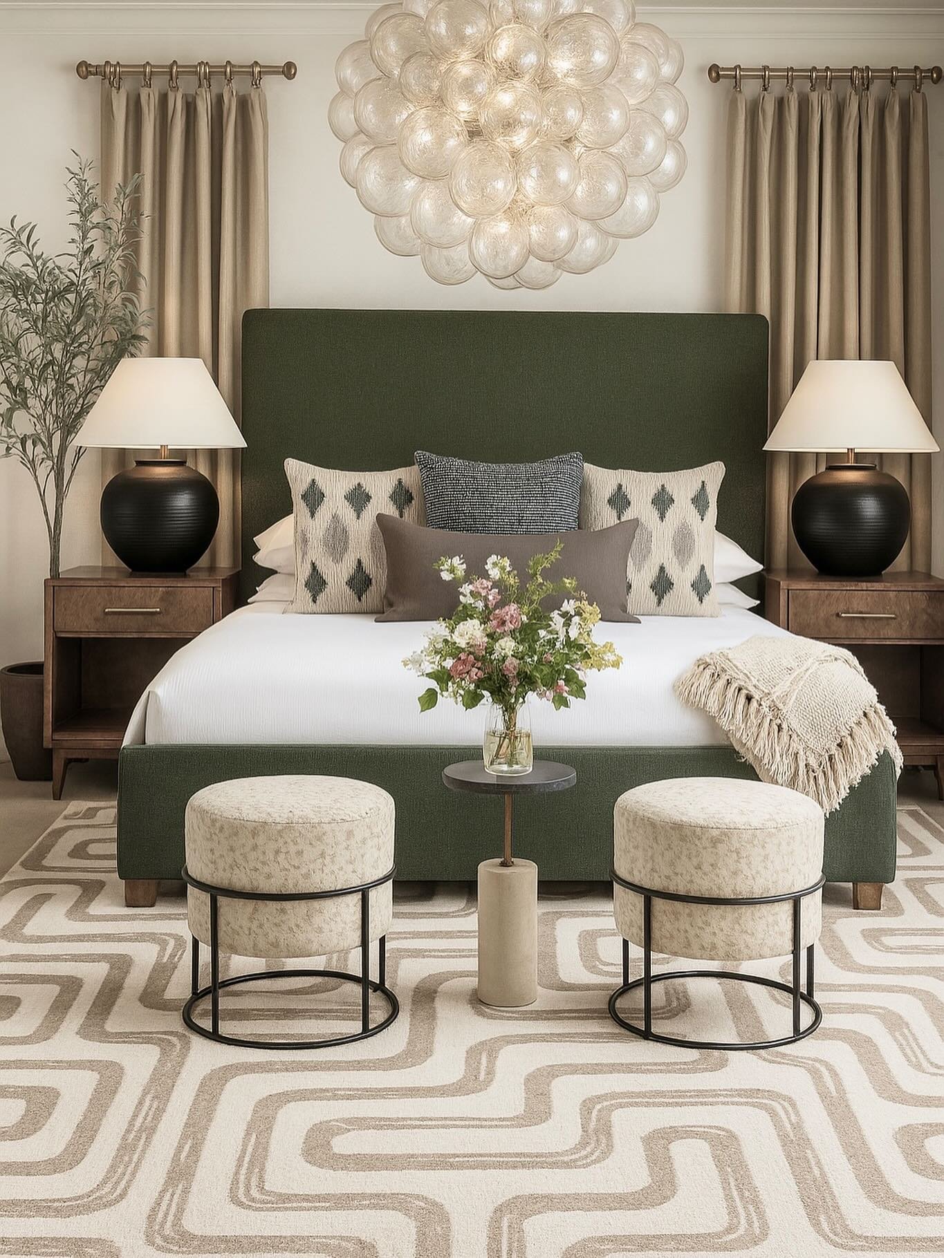 A luxurious, symmetrical bedroom featuring a deep olive green upholstered bed, a large bubble chandelier, and a bold graphic area rug.