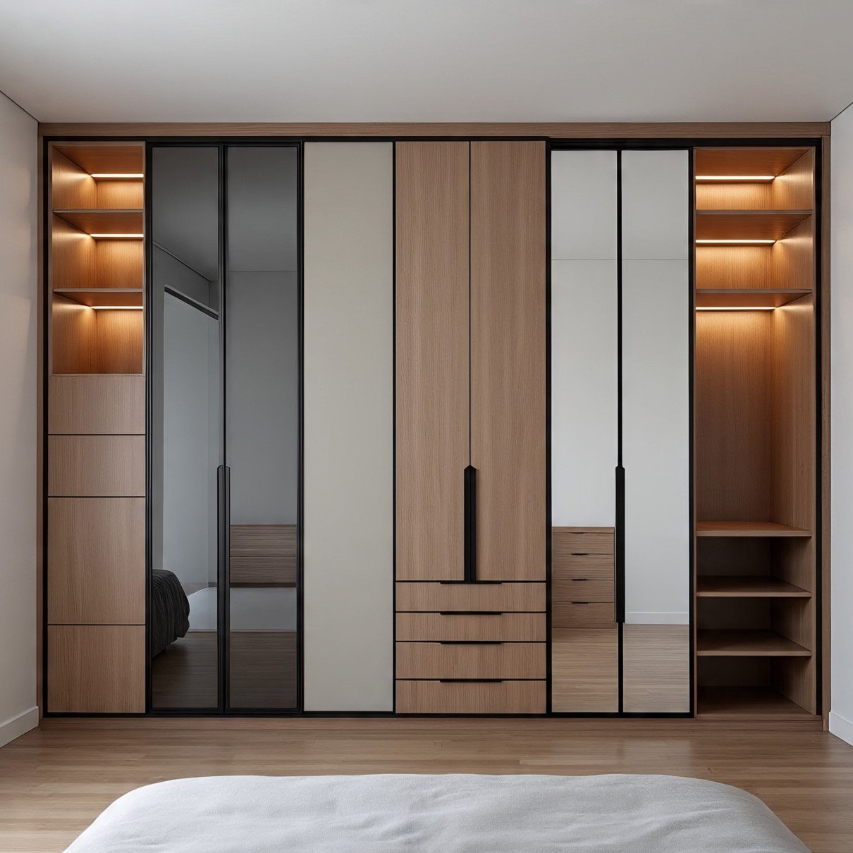Modern full-wall wardrobe system featuring light wood, mirrored panels, beige sections, and open storage shelves with warm integrated LED lighting.
