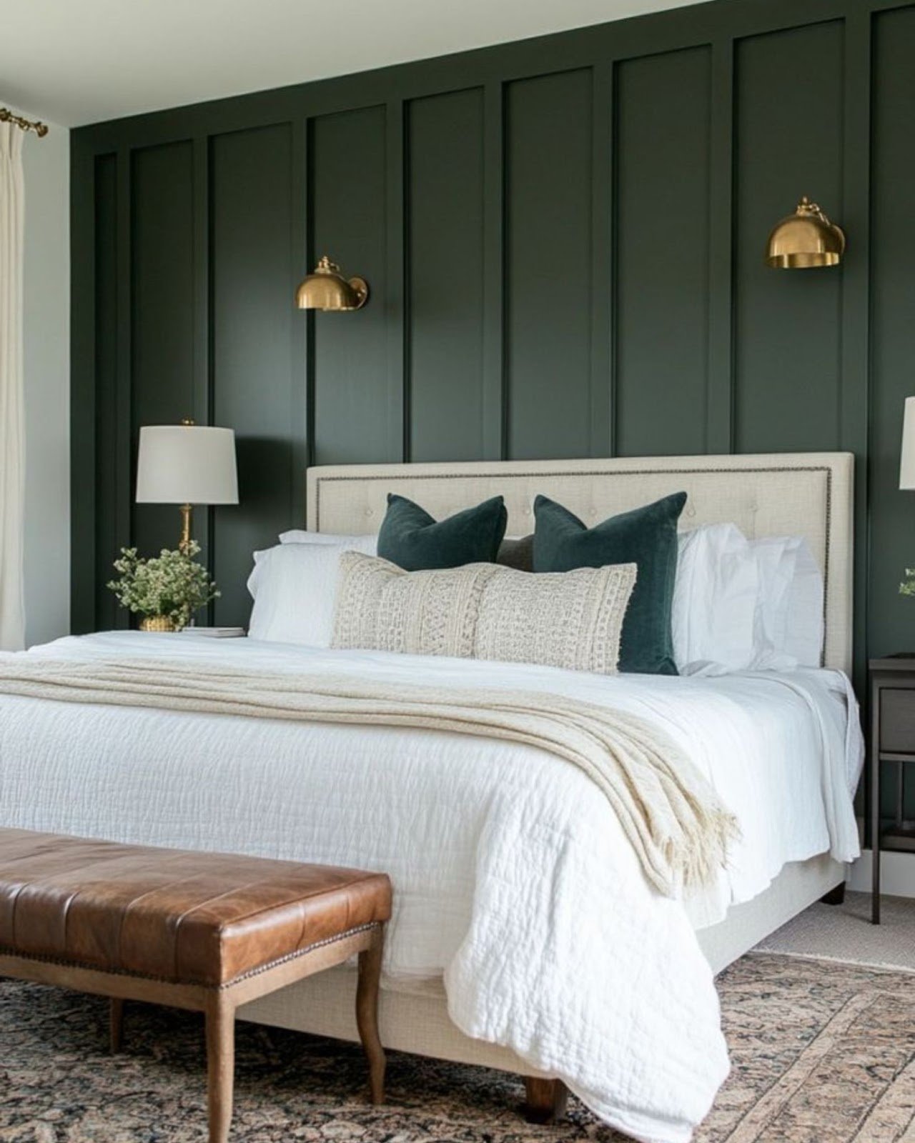 Neutral farmhouse bedroom with vertical panel wall trim, a cozy teddy fabric bed, and light wood nightstands.