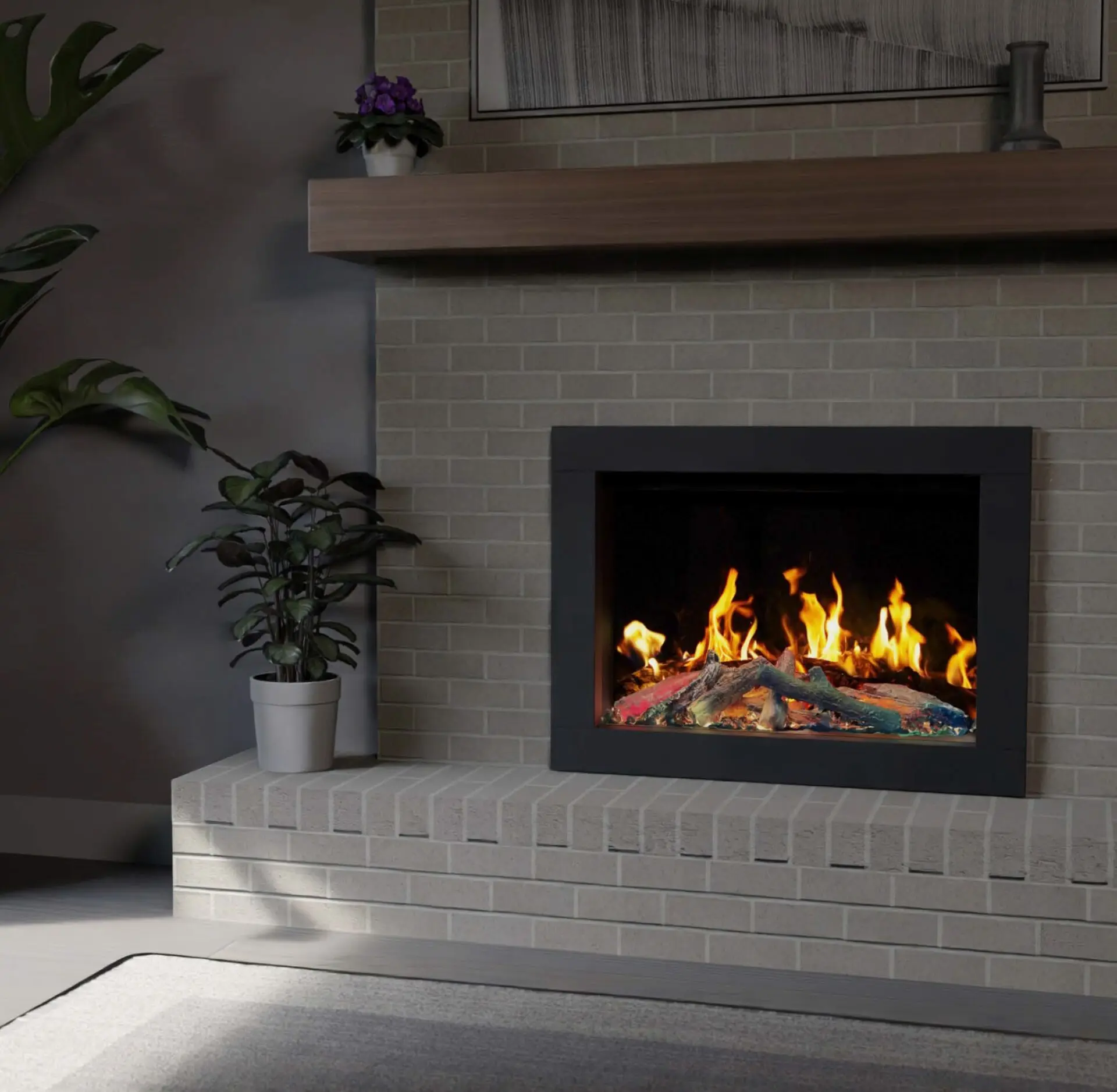 Square electric fireplace insert with a black trim, featuring a vibrant log set, set into a chimney breast and extended hearth clad in painted gray brick.