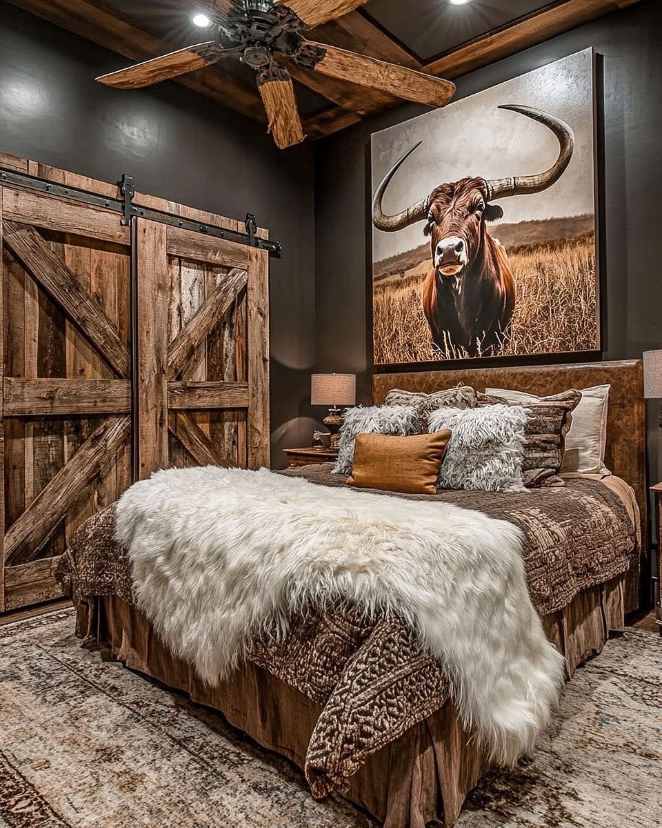 A dramatic Western bedroom with dark gray walls, a massive canvas print of a longhorn steer, a reclaimed wood barn door closet, and a white fur throw.