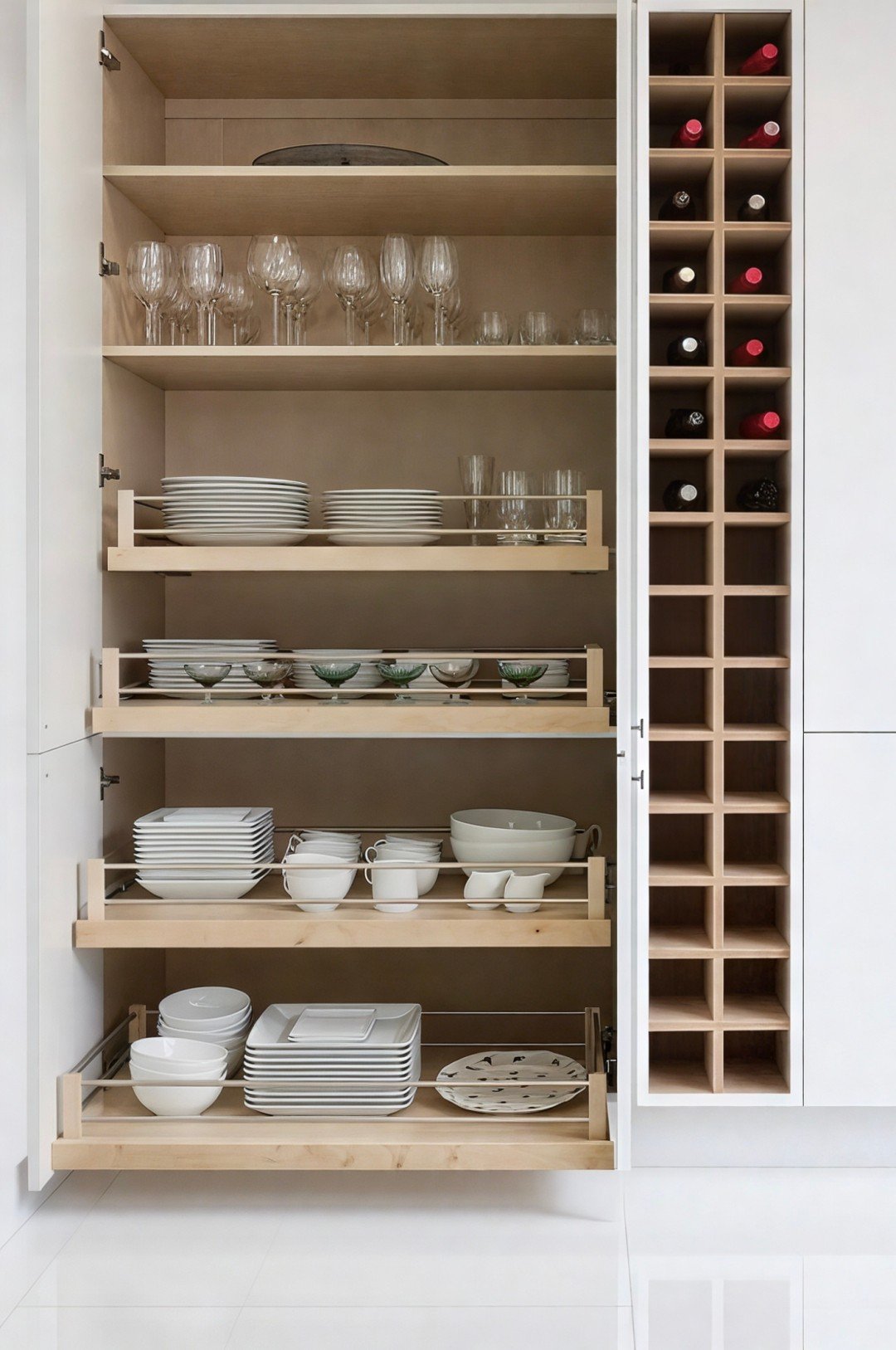 Tall, white-and-wood kitchen cabinet open to show stacks of dishes on several full-extension, light wood pull-out trays next to a vertical wine cubby.