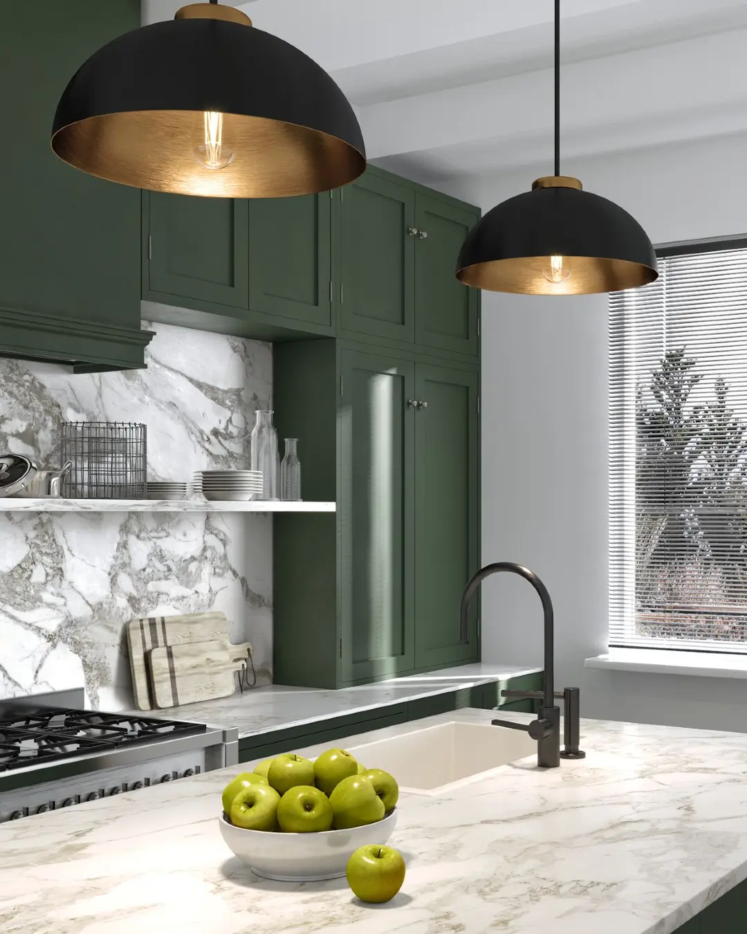 Delicate tiered chandelier made of translucent capiz shells over a kitchen island.