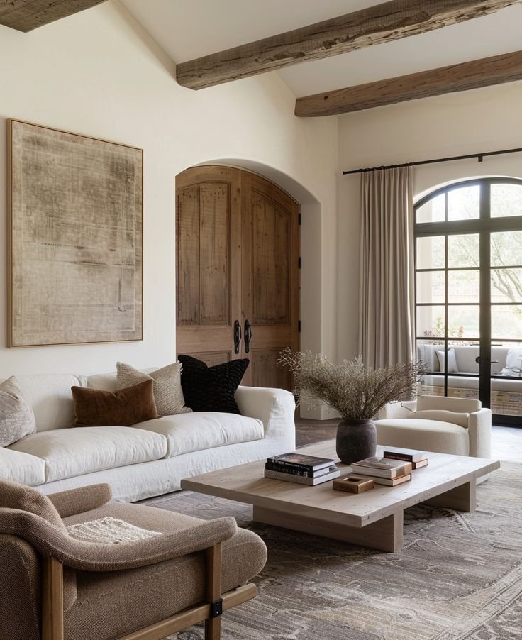 A luxurious neutral living room featuring a creamy white sofa, a chunky light wood coffee table, rough-hewn exposed beams, and a large rustic wood double door.