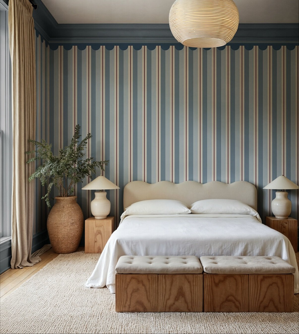 Low-profile, upholstered headboard in a light cream fabric with a continuous wavy or scalloped top edge, positioned against a wall covered in wide vertical striped wallpaper.