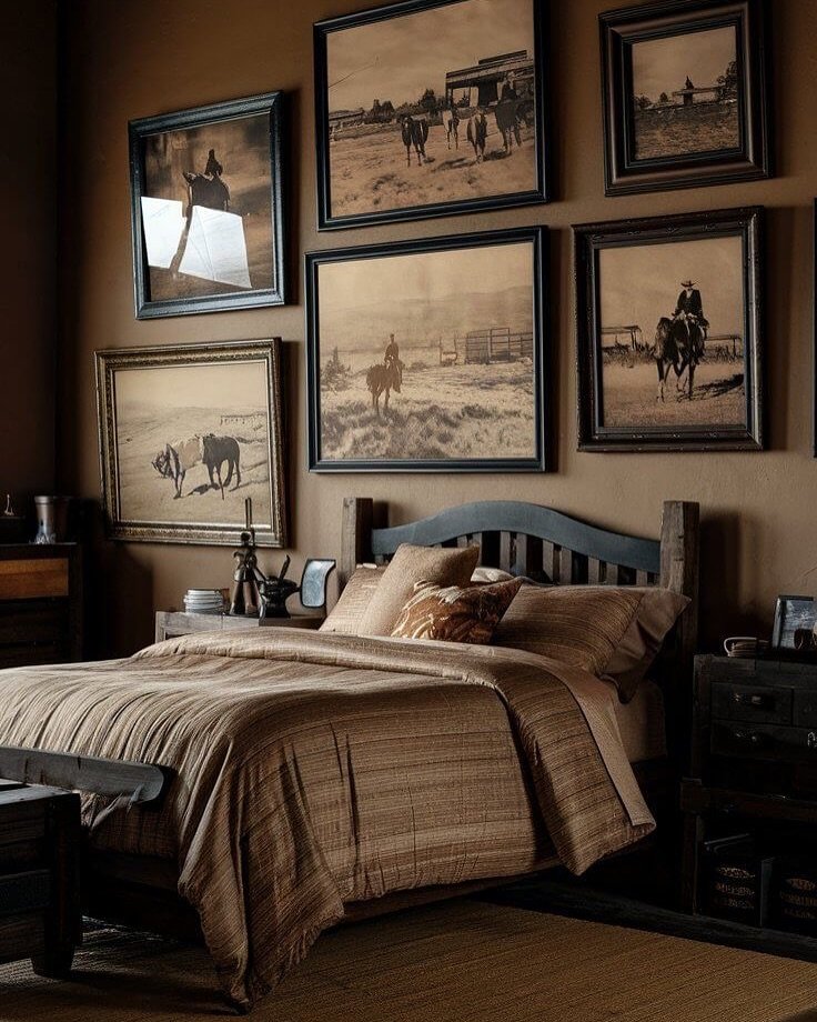A Western bedroom with dark brown walls, a gallery wall of framed sepia-toned cowboy photos, and a simple dark wood bed with striped brown bedding.