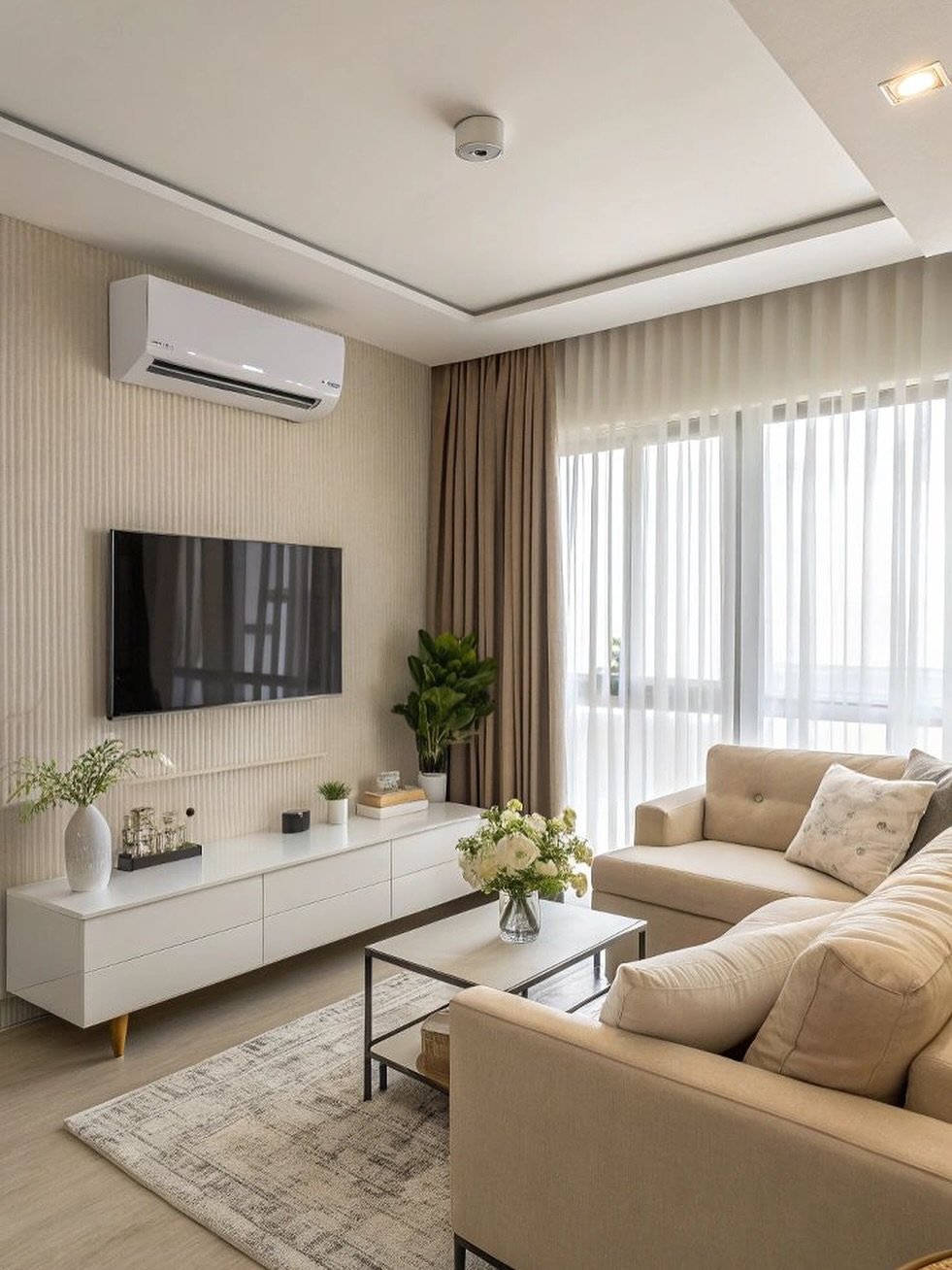 A contemporary beige living room featuring a subtly ribbed feature wall, a neutral sectional sofa, white media console, and layered window treatments.