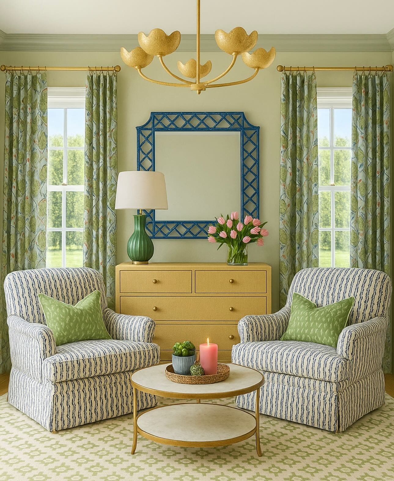 Custom, vibrant green and blue patterned curtains framing two windows in a lively, symmetrically decorated sitting room.