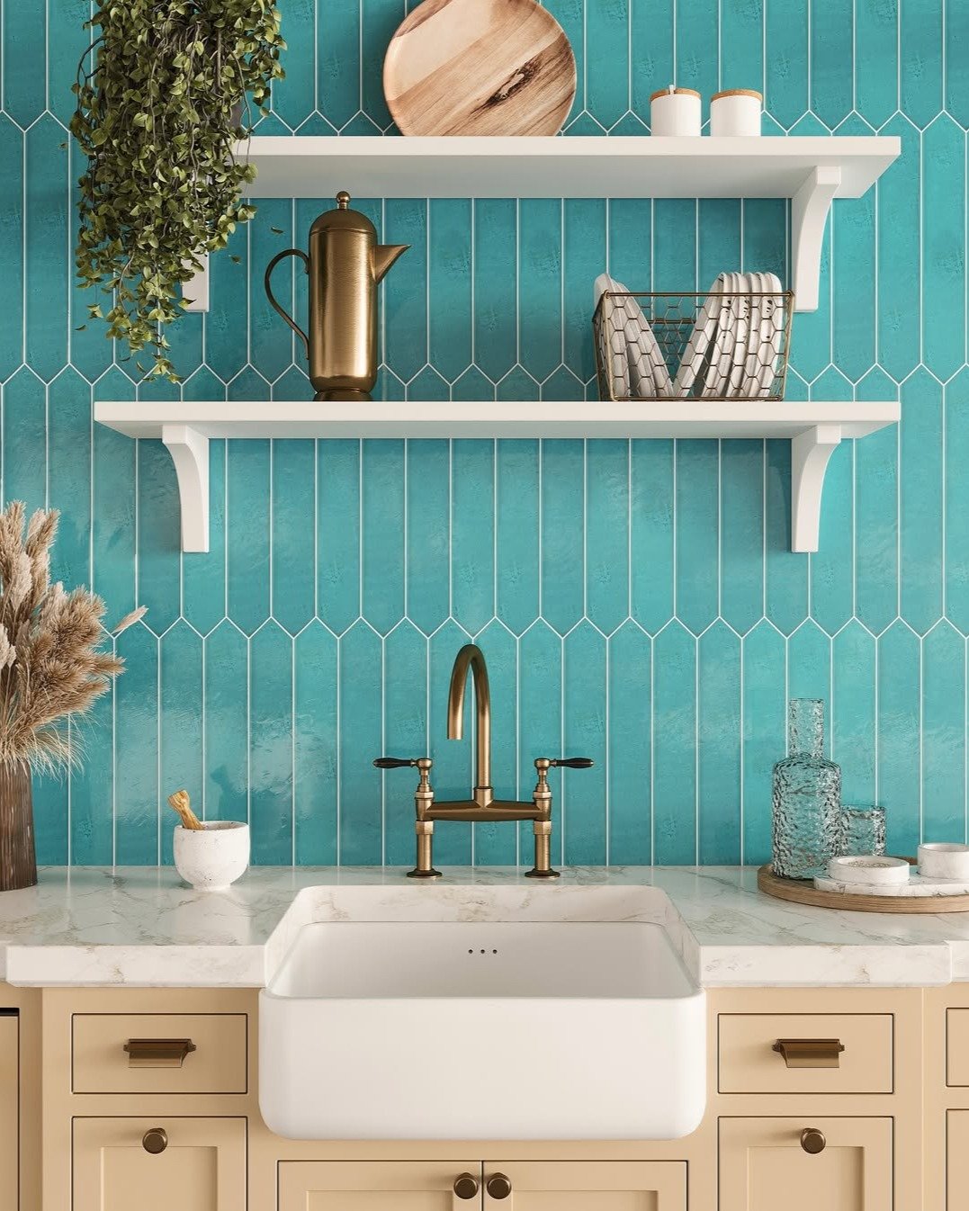 Kitchen sink area with a backsplash of vertical, glossy turquoise or teal picket tiles, contrasting with white shelves, a brass faucet, and beige base cabinets.