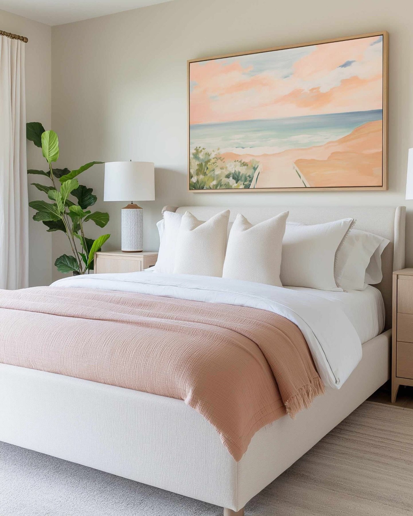 Neutral bedroom with a light beige upholstered bed, white bedding, a dusty rose throw blanket, and a large abstract coastal painting above the headboard.