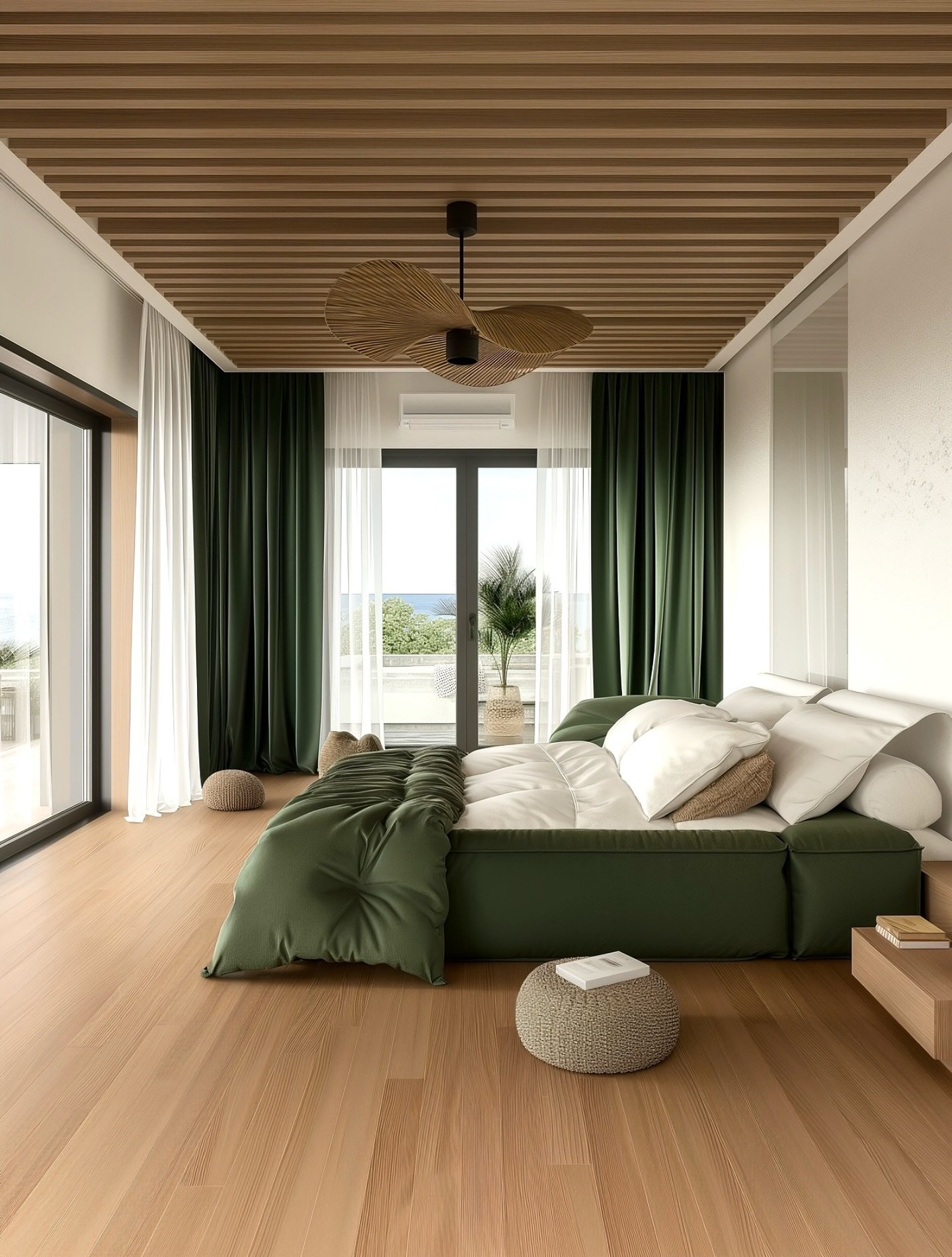 Modern bedroom with dark forest green upholstery and curtains, a slatted wood ceiling, and floor-to-ceiling glass doors.
