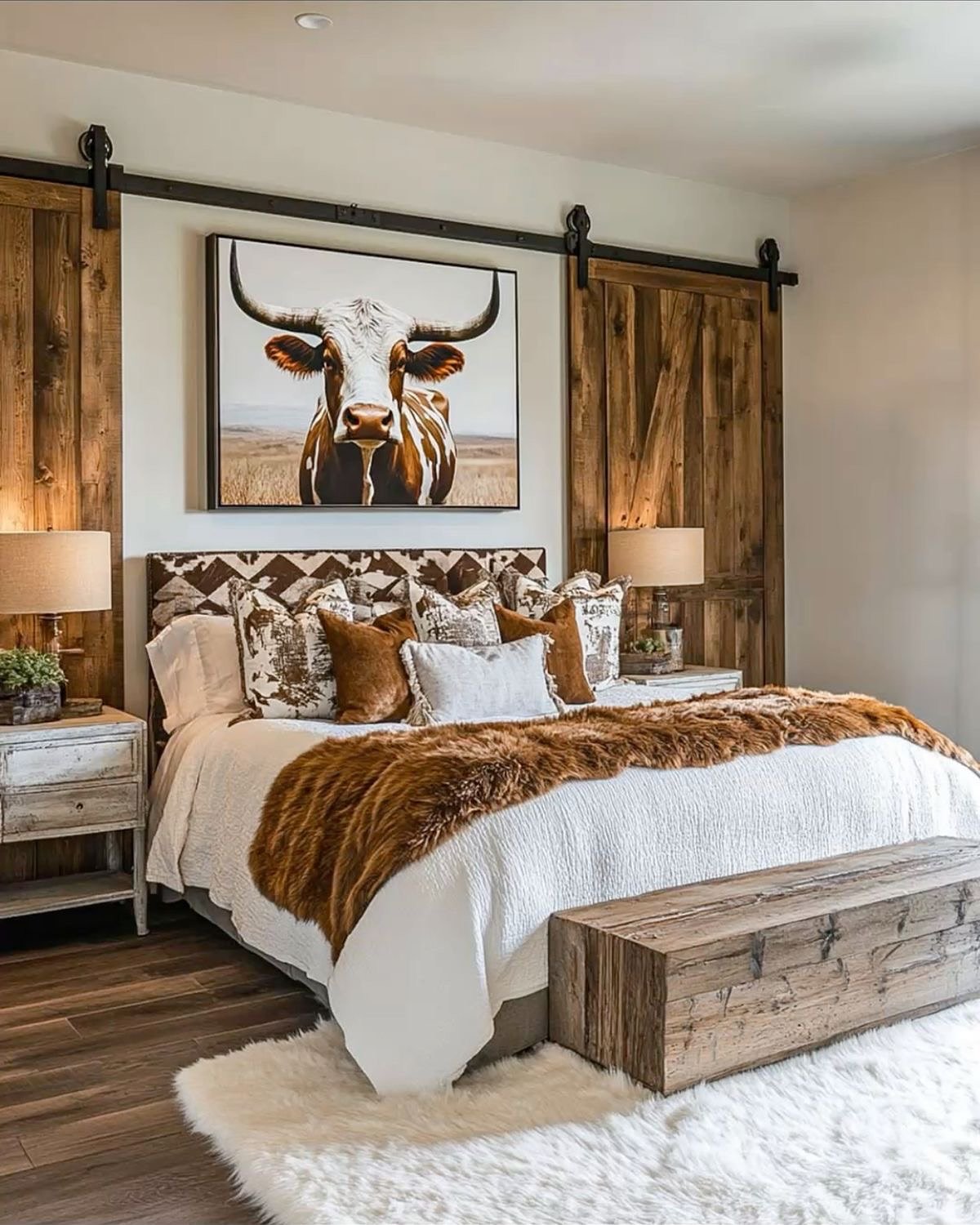 A Western bedroom featuring a longhorn portrait over the bed, two reclaimed wood barn doors, a patterned headboard, and a large white rug with a brown fur throw.
