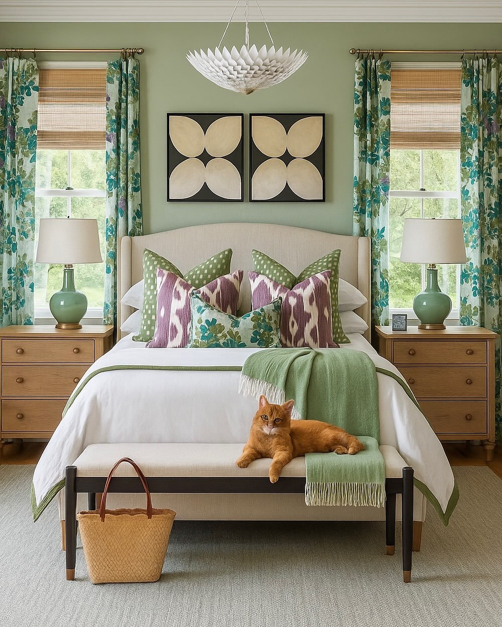 Symmetrical bedroom with light sage green walls, floral curtains, and a mix of green, purple, and white patterned pillows.