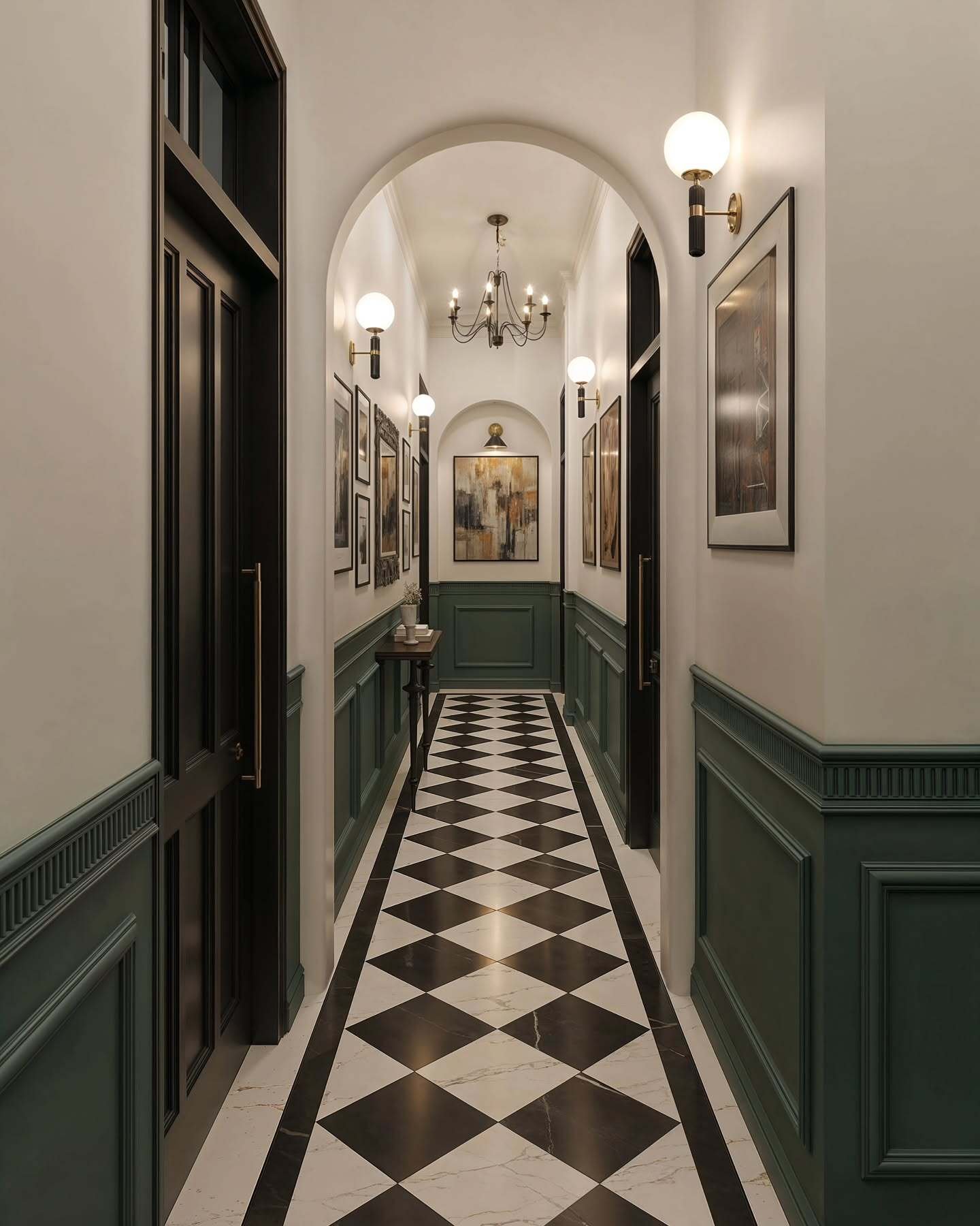 Dark green wainscoting and white walls hallway with black and white checkerboard floor, brass and opal globe wall sconces, and a small black chandelier visible through an archway.