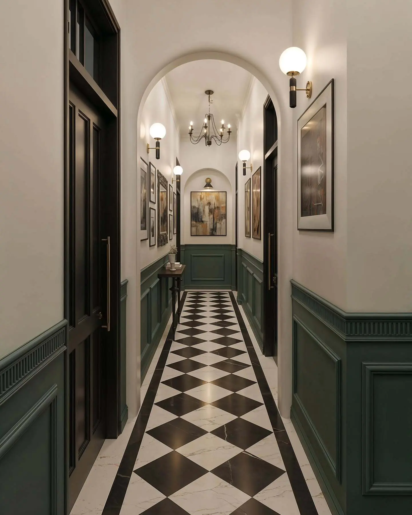 Dark green wainscoting and white walls hallway with black and white checkerboard floor, brass and opal globe wall sconces, and a small black chandelier visible through an archway.