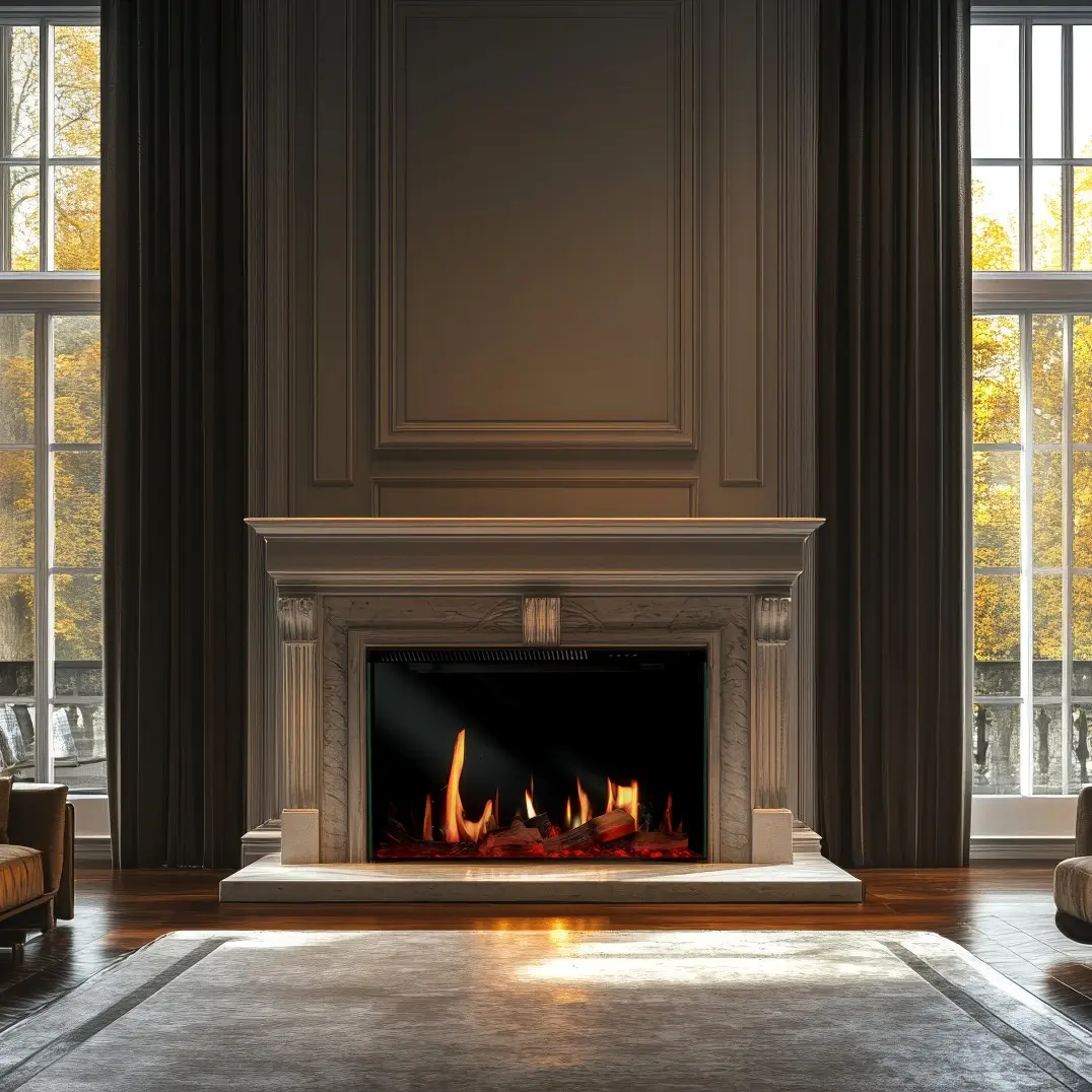 Large, ornate white marble or stone traditional electric fireplace mantel with a realistic flame effect and dark log set, set against a dark gray paneled wall flanked by tall windows with brown curtains.