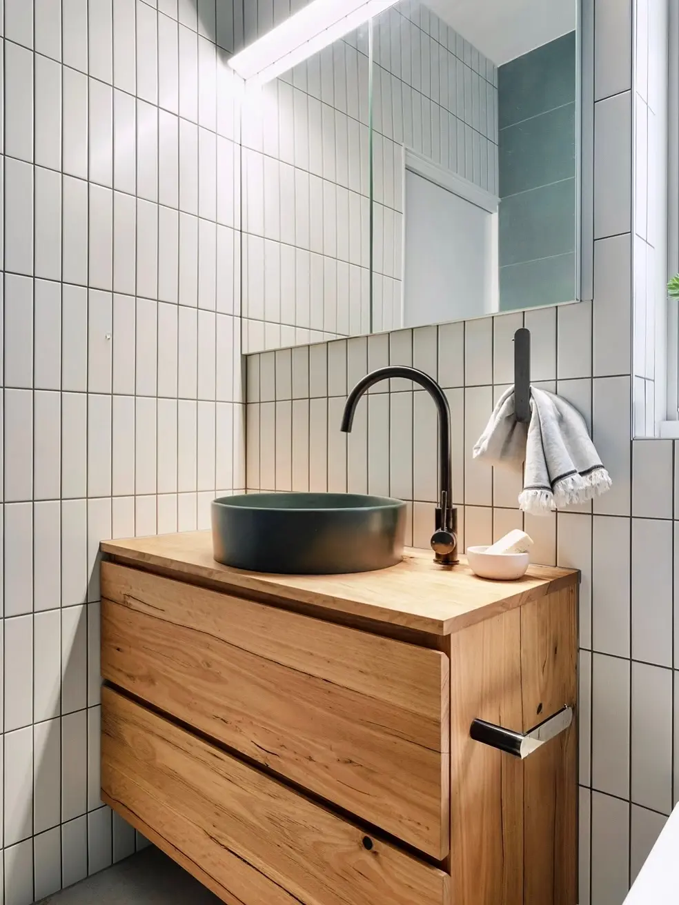 A matte black over-cabinet hook holding a light gray fringed hand towel, positioned next to a black vessel sink on a wood vanity.