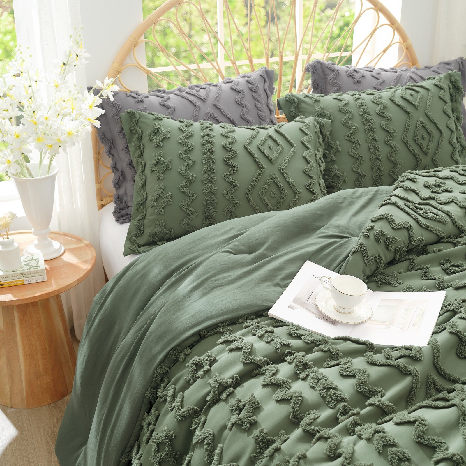 A bright bedroom with a rattan headboard, featuring a highly textured olive green duvet set with tufted geometric patterns.