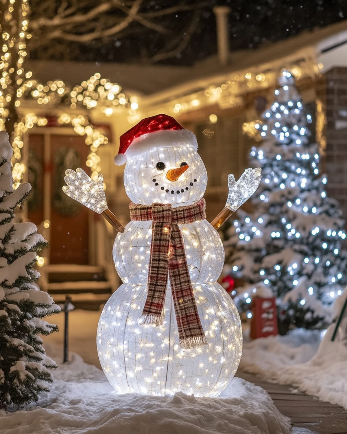A large, three-tiered light-up snowman figure wearing a red Santa hat and plaid scarf stands in the snow, glowing with warm white lights, set against a background of warm and cool white lights.