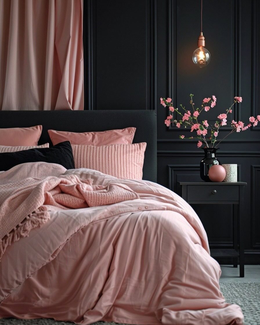 Bedroom featuring a striking black paneled wall, soft dusty pink bedding, and a single copper pendant light.