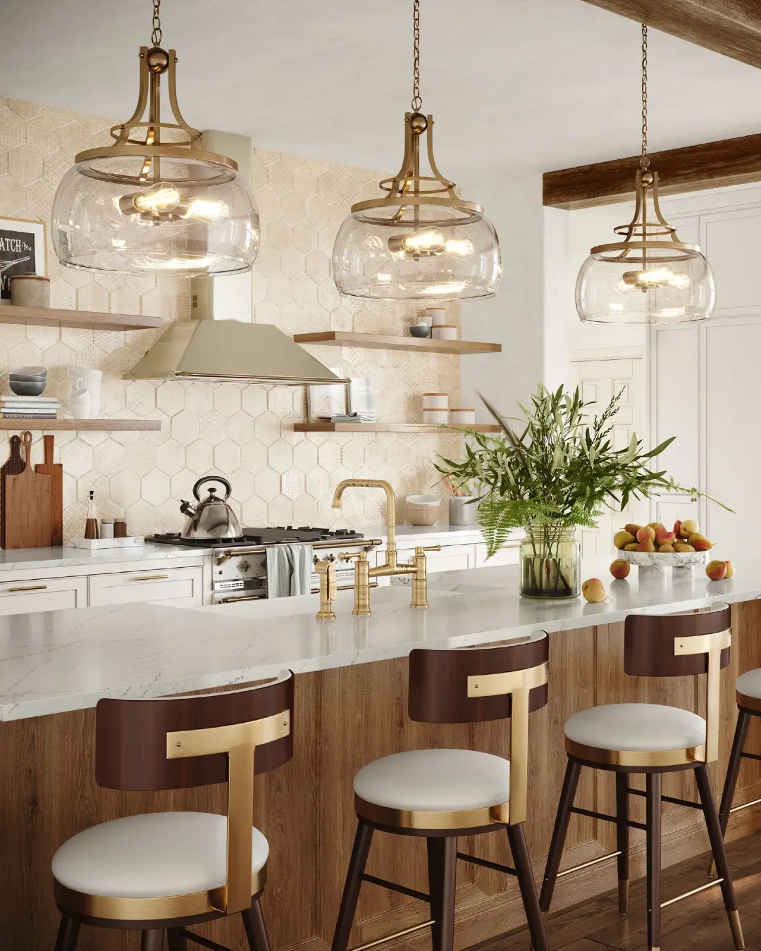 Three open-framed cubic metal pendants with exposed bulbs over a small kitchen island.