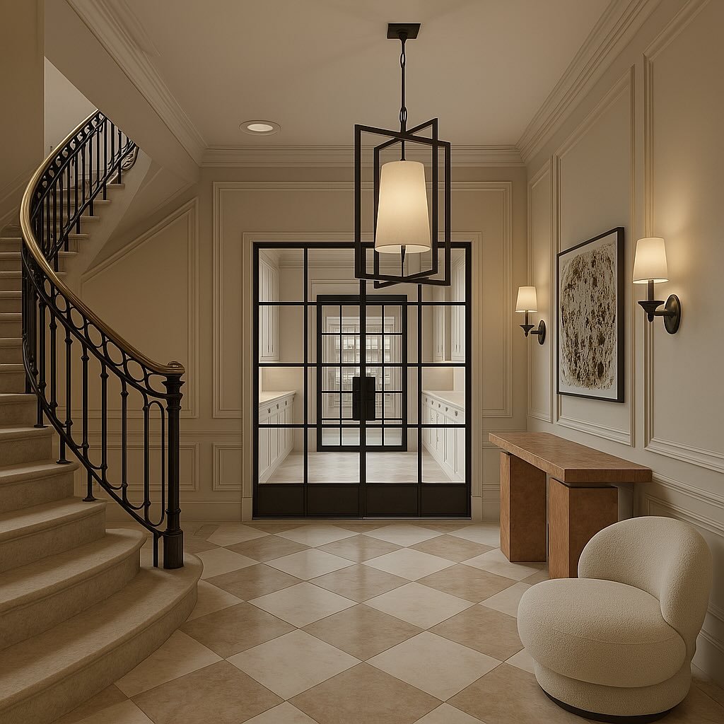 Elegant entry hall with sweeping curved staircase, cream and tan checkerboard floor, black-framed glass doors, and a modern black geometric lantern pendant and twin wall sconces.