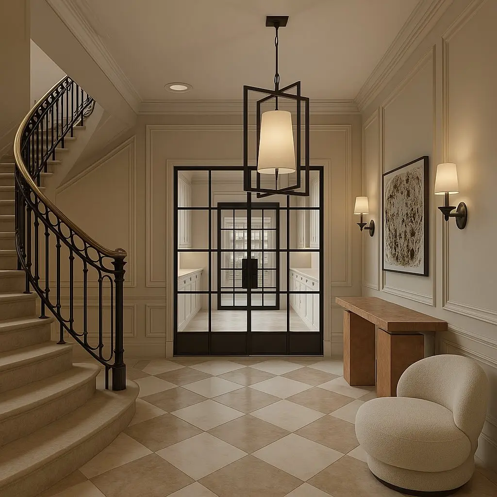 Elegant entry hall with sweeping curved staircase, cream and tan checkerboard floor, black-framed glass doors, and a modern black geometric lantern pendant and twin wall sconces.