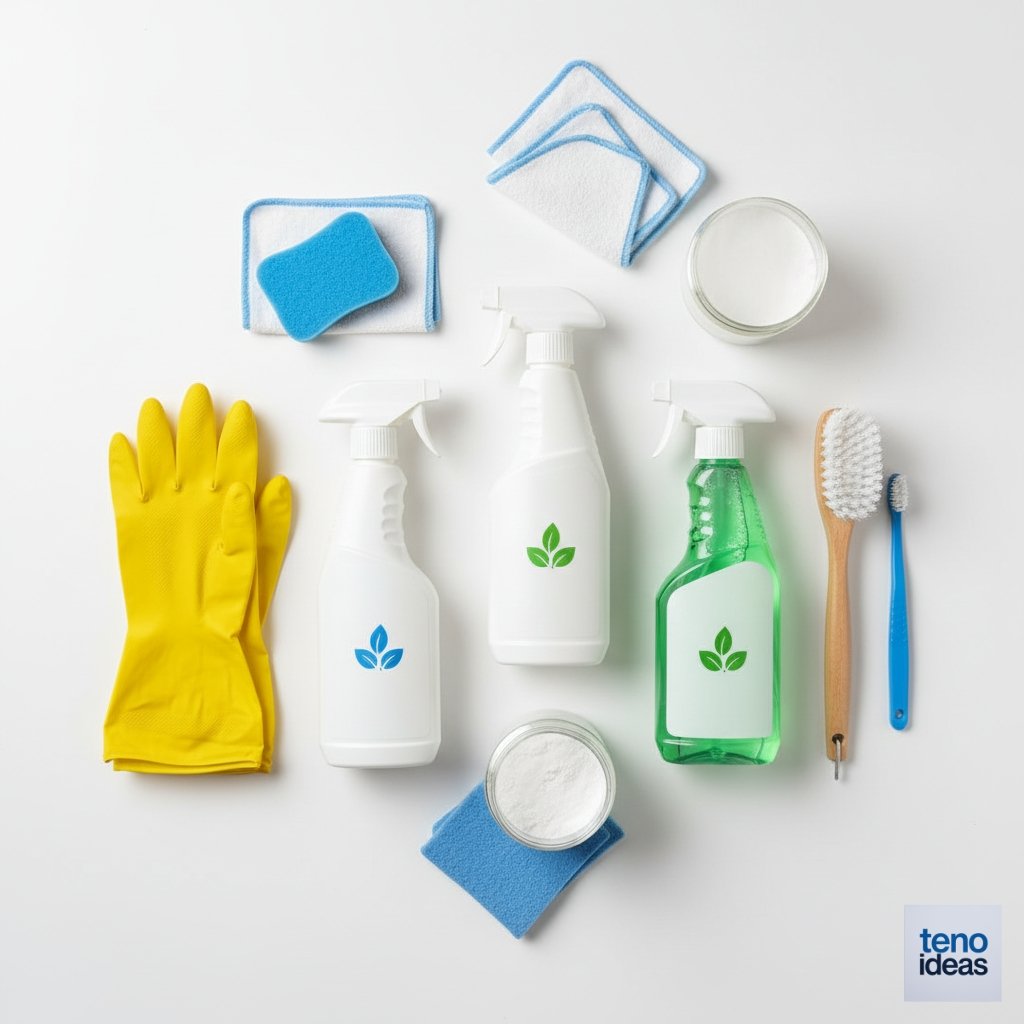 Flat lay of cleaning supplies arranged on white background - spray bottles, gloves, brushes, and cleaning products