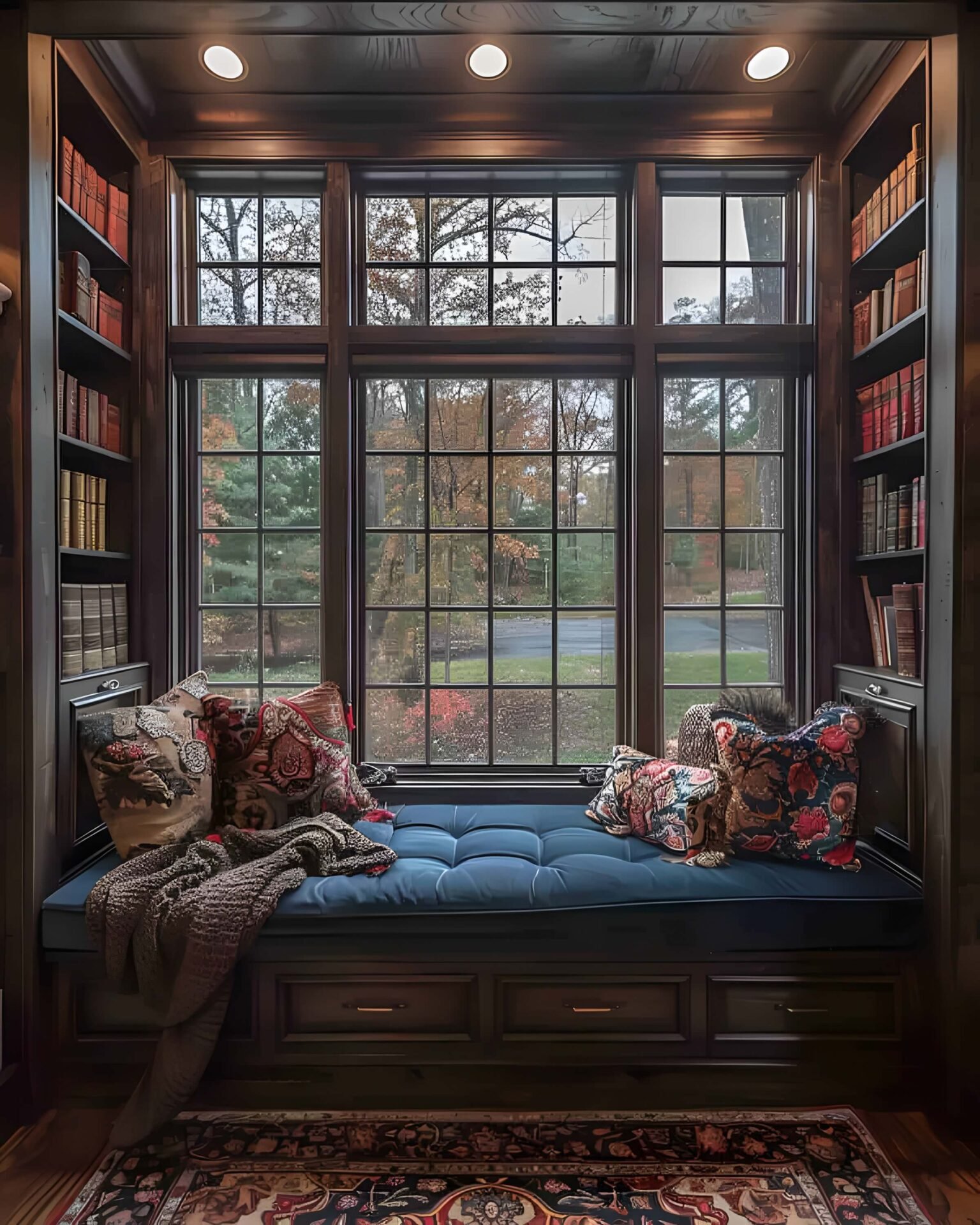 Luxurious built-in window seat reading nook, surrounded by dark wood paneling and bookshelves, featuring a deep blue velvet cushion and patterned pillows.