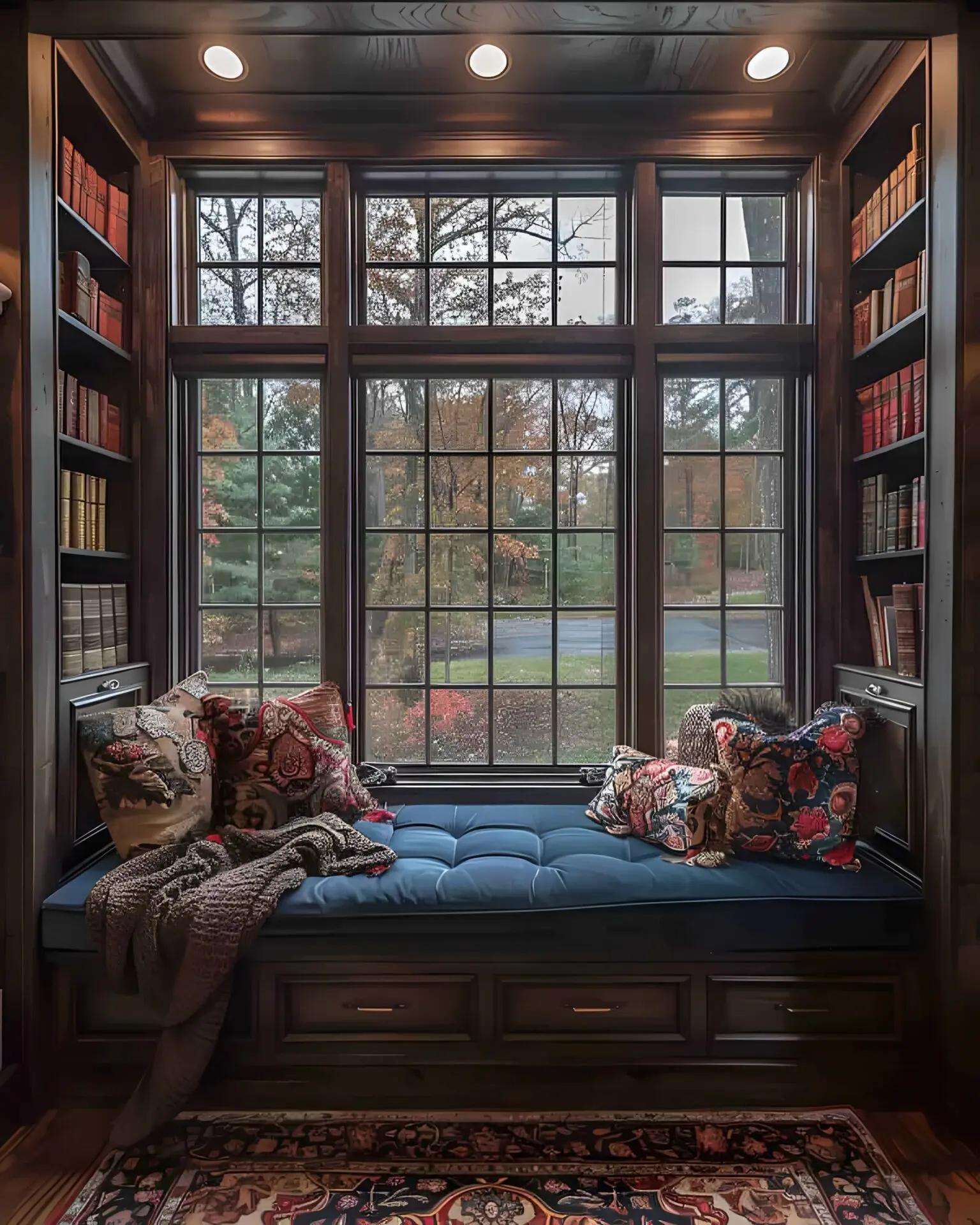 Luxurious built-in window seat reading nook, surrounded by dark wood paneling and bookshelves, featuring a deep blue velvet cushion and patterned pillows.