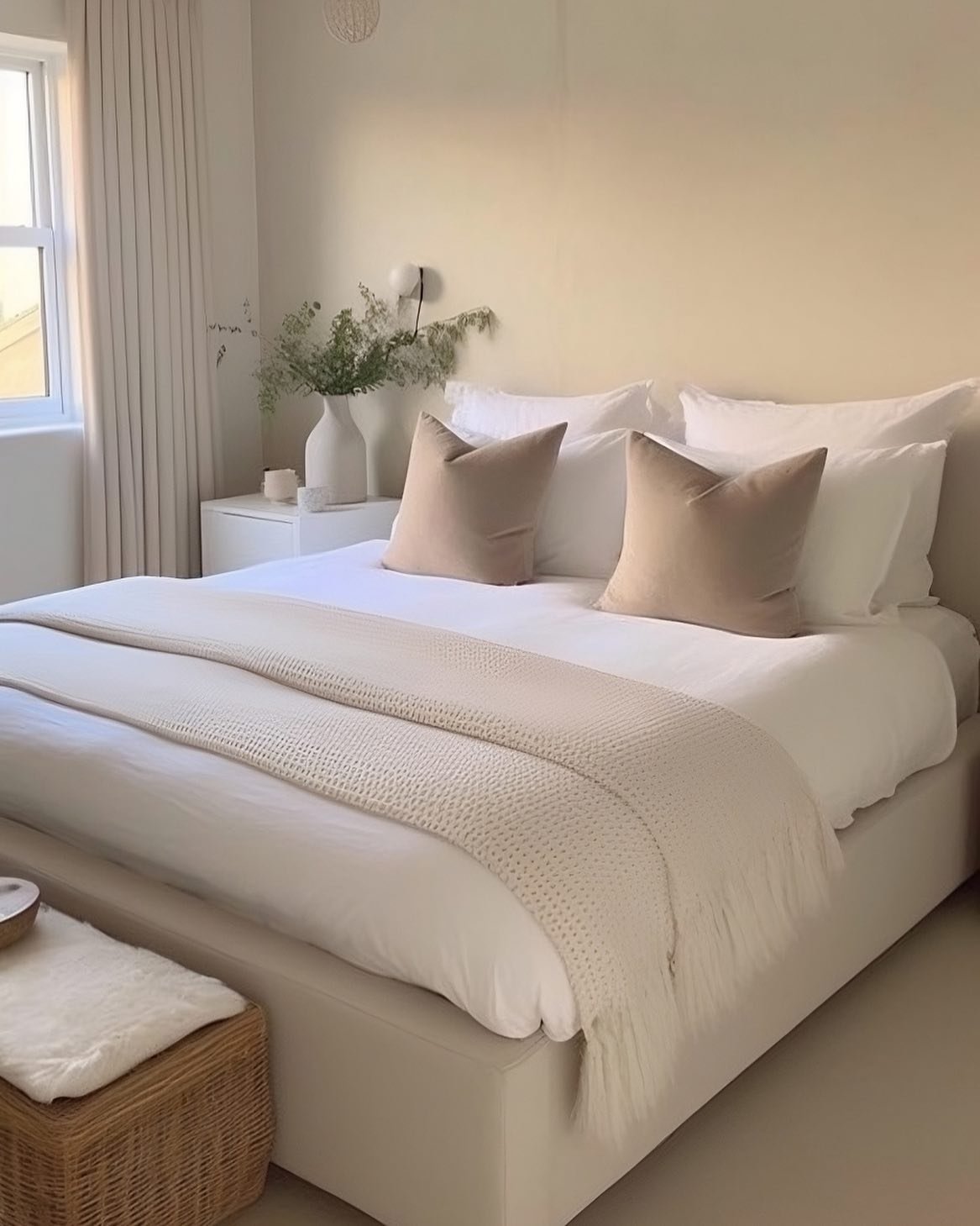 A bright, minimalist beige bedroom with white bedding, two neutral square throw pillows, a crocheted blanket draped over the foot of the bed, and a wicker storage bench with a fur top.