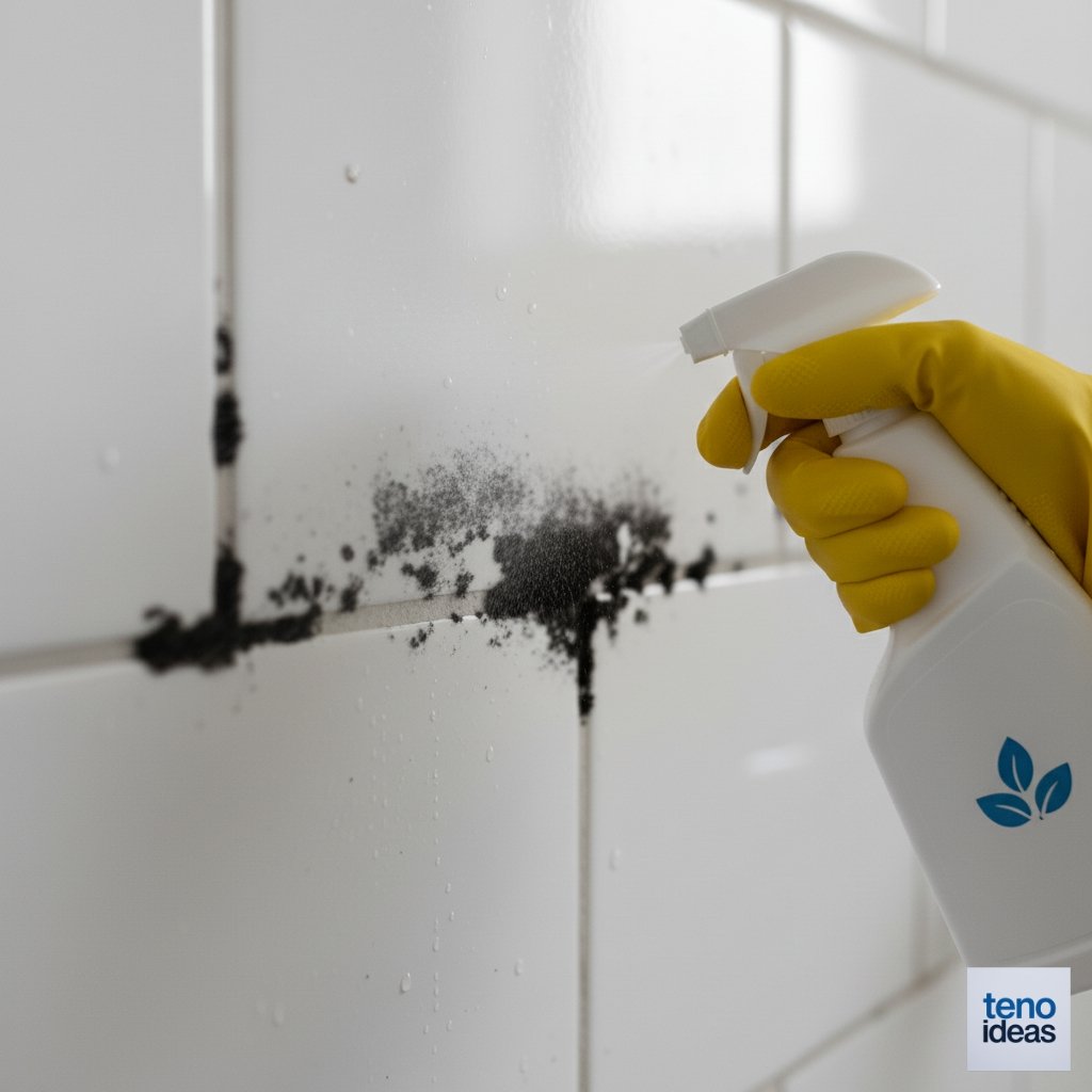 Hand wearing yellow rubber glove spraying white vinegar from bottle onto moldy bathroom tile