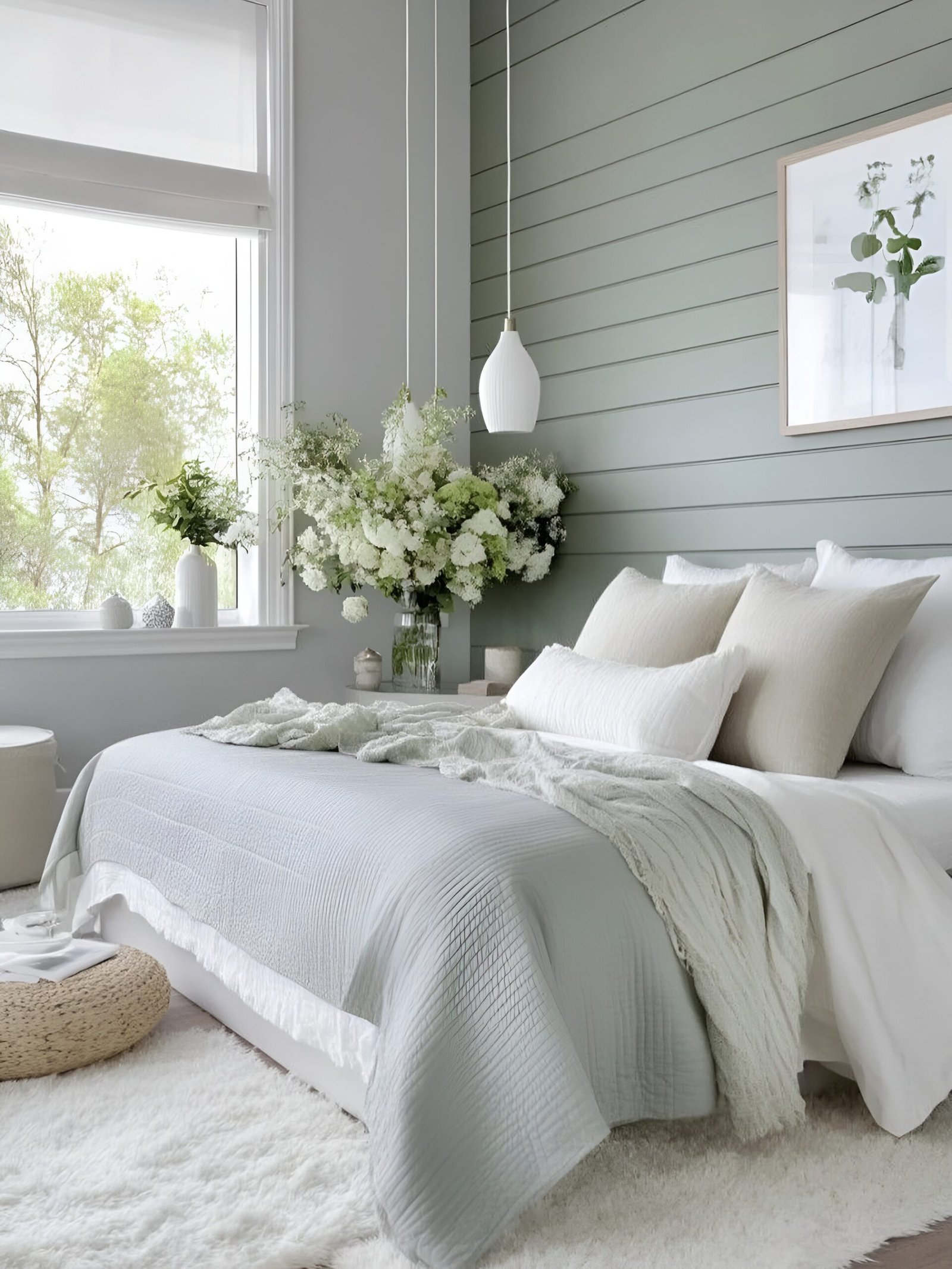 Bedroom with a sage green shiplap accent wall, white bedding, and fresh flowers, creating a serene atmosphere.