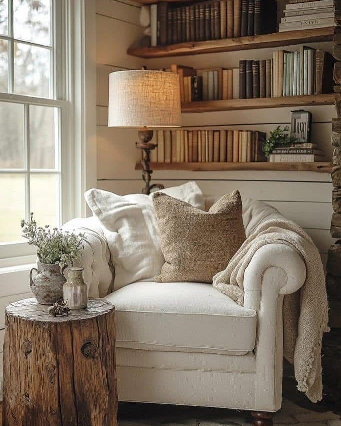 Cozy farmhouse reading nook with a plush white armchair, natural wood live-edge floating shelves, and a tree stump side table.