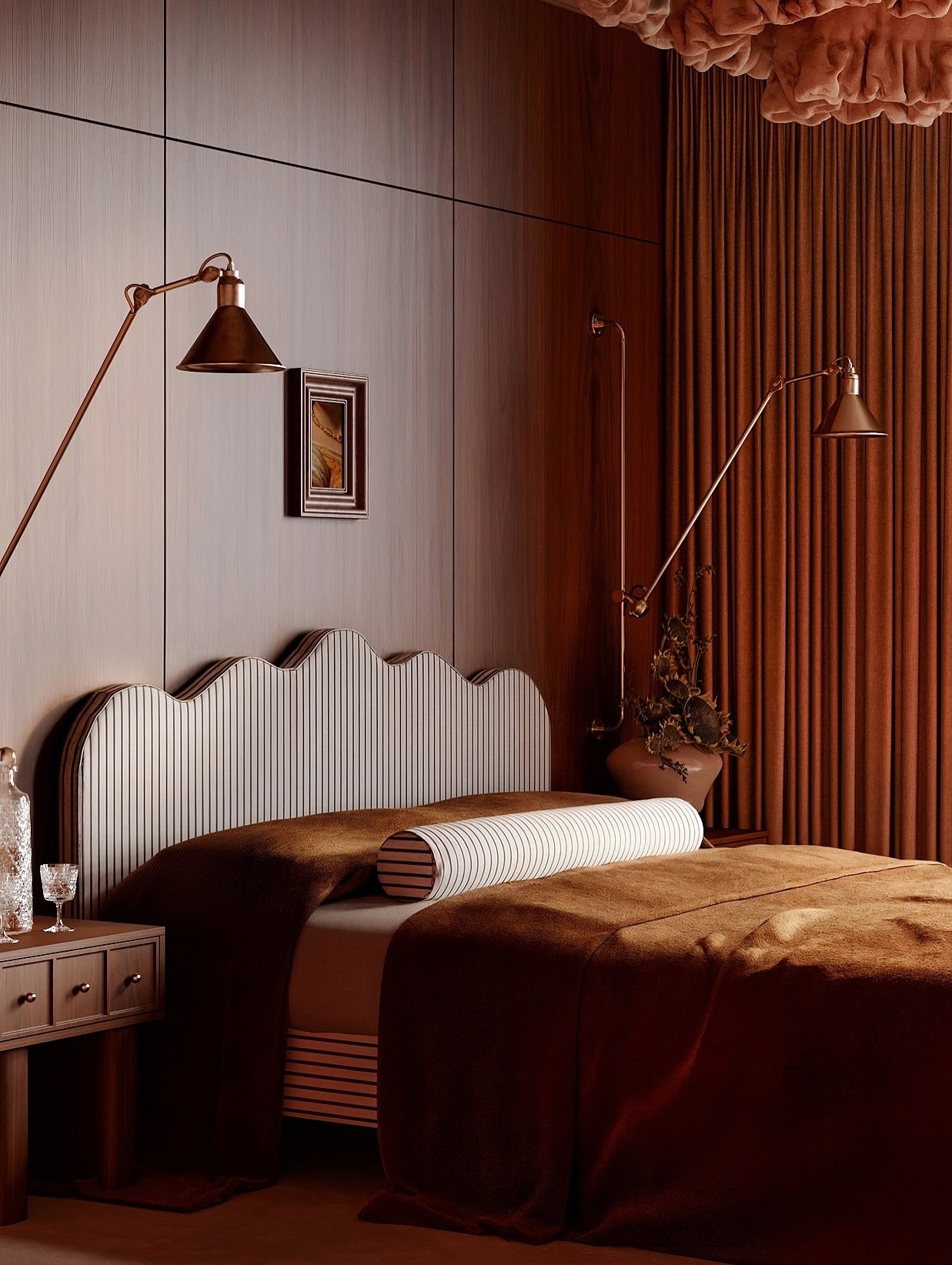 Dark bedroom with floor-to-ceiling walnut paneling, a unique scalloped white and striped headboard, copper swing-arm lamps, and terracotta-colored velvet bedding.