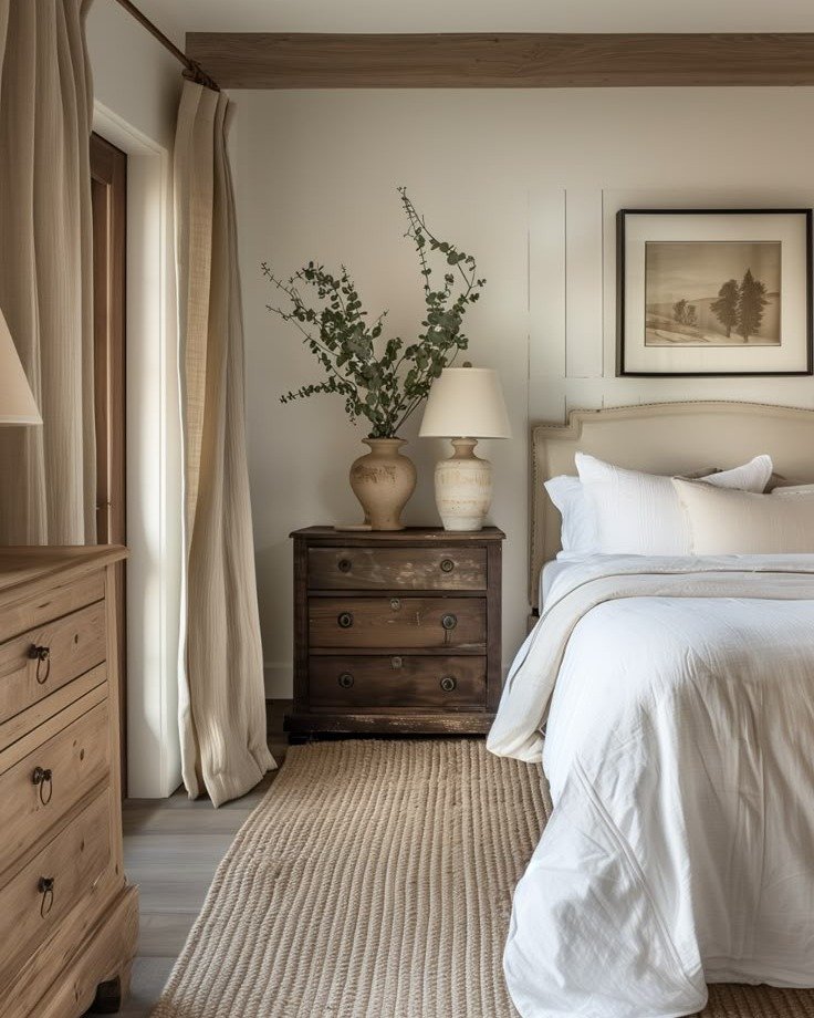 A cozy beige bedroom blending modern and rustic styles, featuring an upholstered headboard, white bedding, an antique dark wood nightstand, and a woven jute rug.