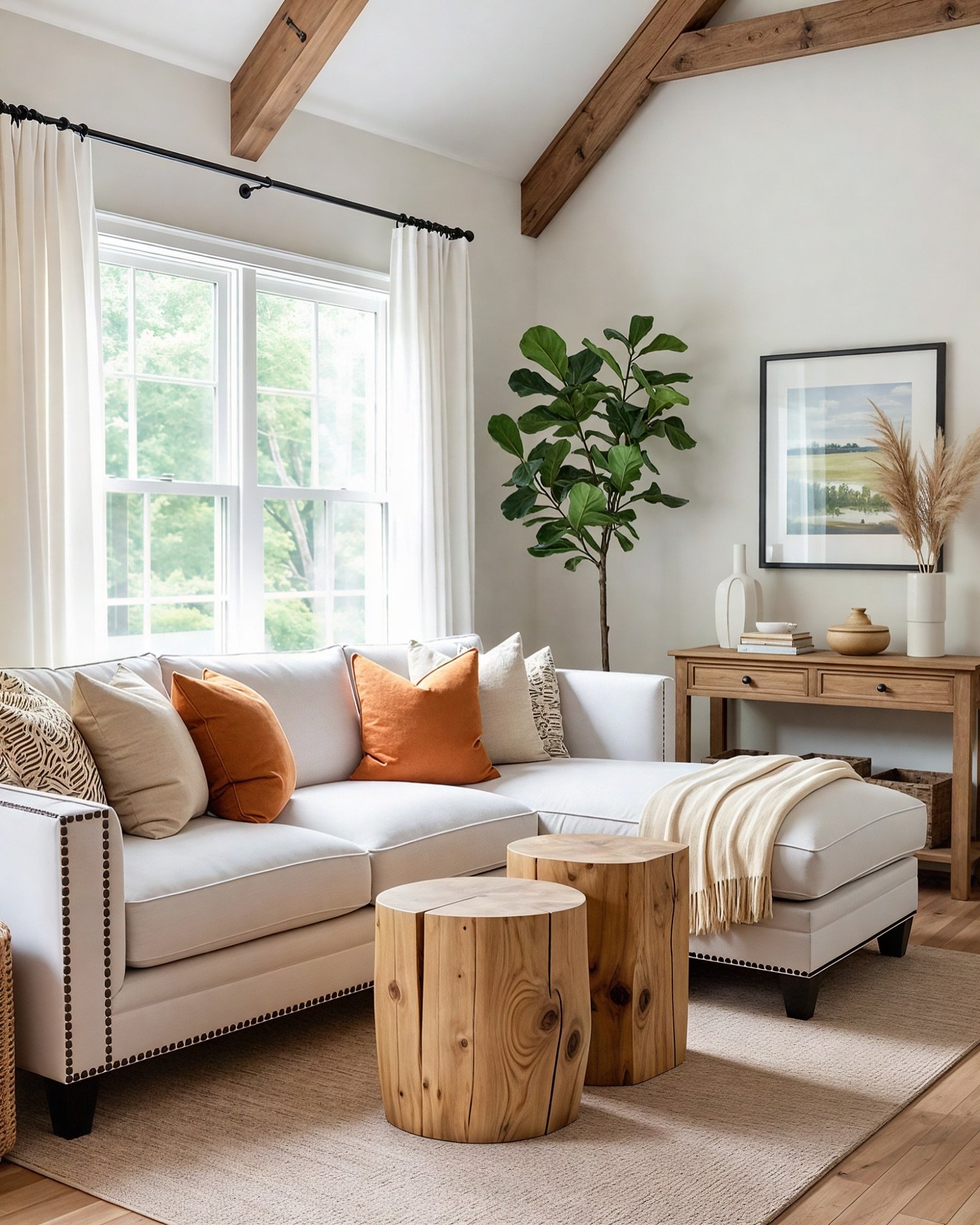 A bright living room with a white sectional sofa, natural wood beam ceiling, two log-style side tables, and terracotta-colored throw pillows.