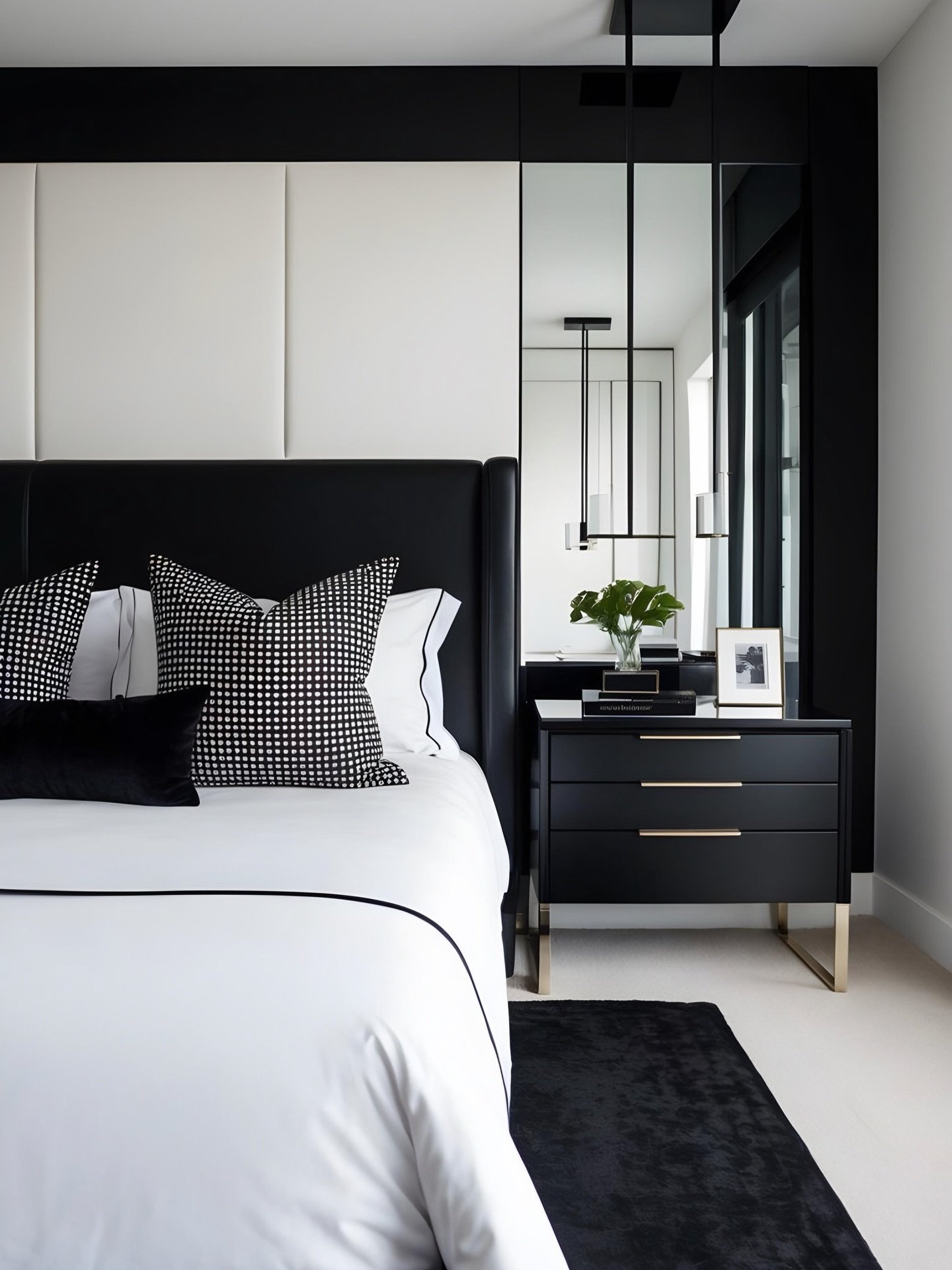 Modern black three-drawer nightstand with brass legs and handles in a monochromatic black and white bedroom.