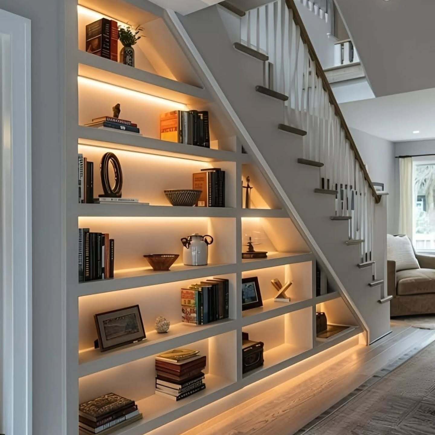Built-in shelving under a staircase illuminated with warm LED strip lighting.