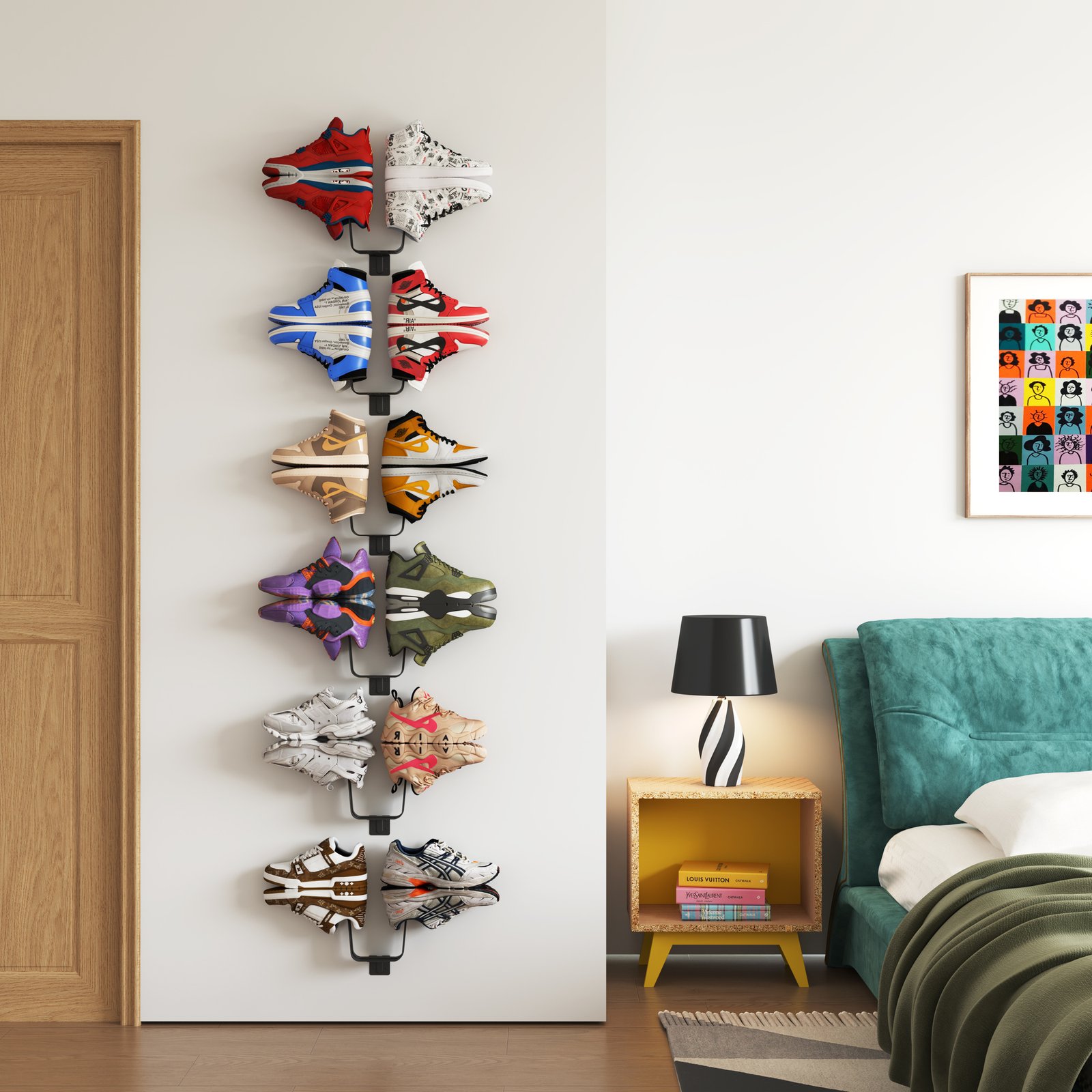 Black metal, vertical wall-mounted rack displaying six pairs of high-top sneakers in a bedroom.