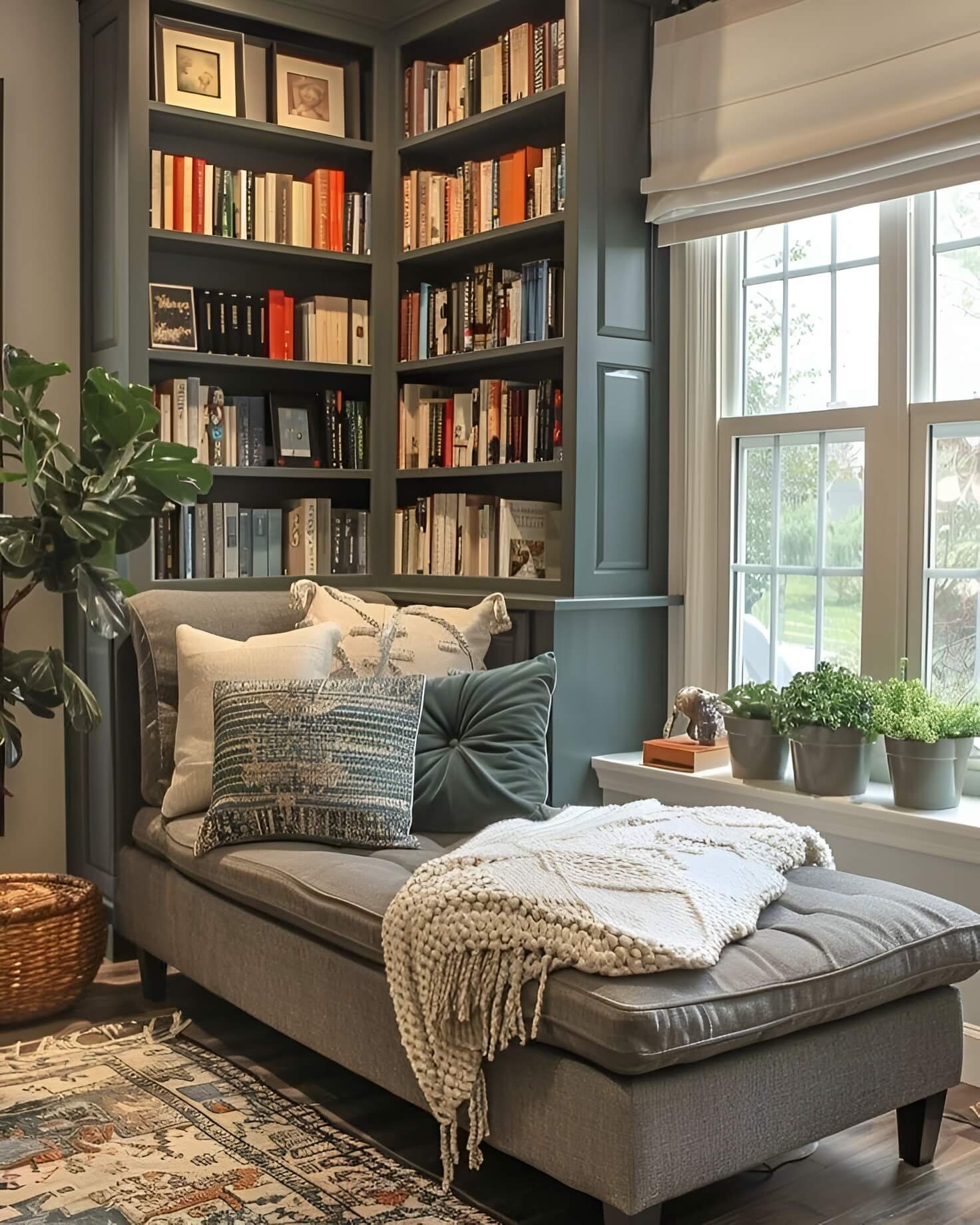 Elegant reading nook featuring a charcoal gray chaise lounge, corner built-in bookshelves painted a deep teal color, and a large window.