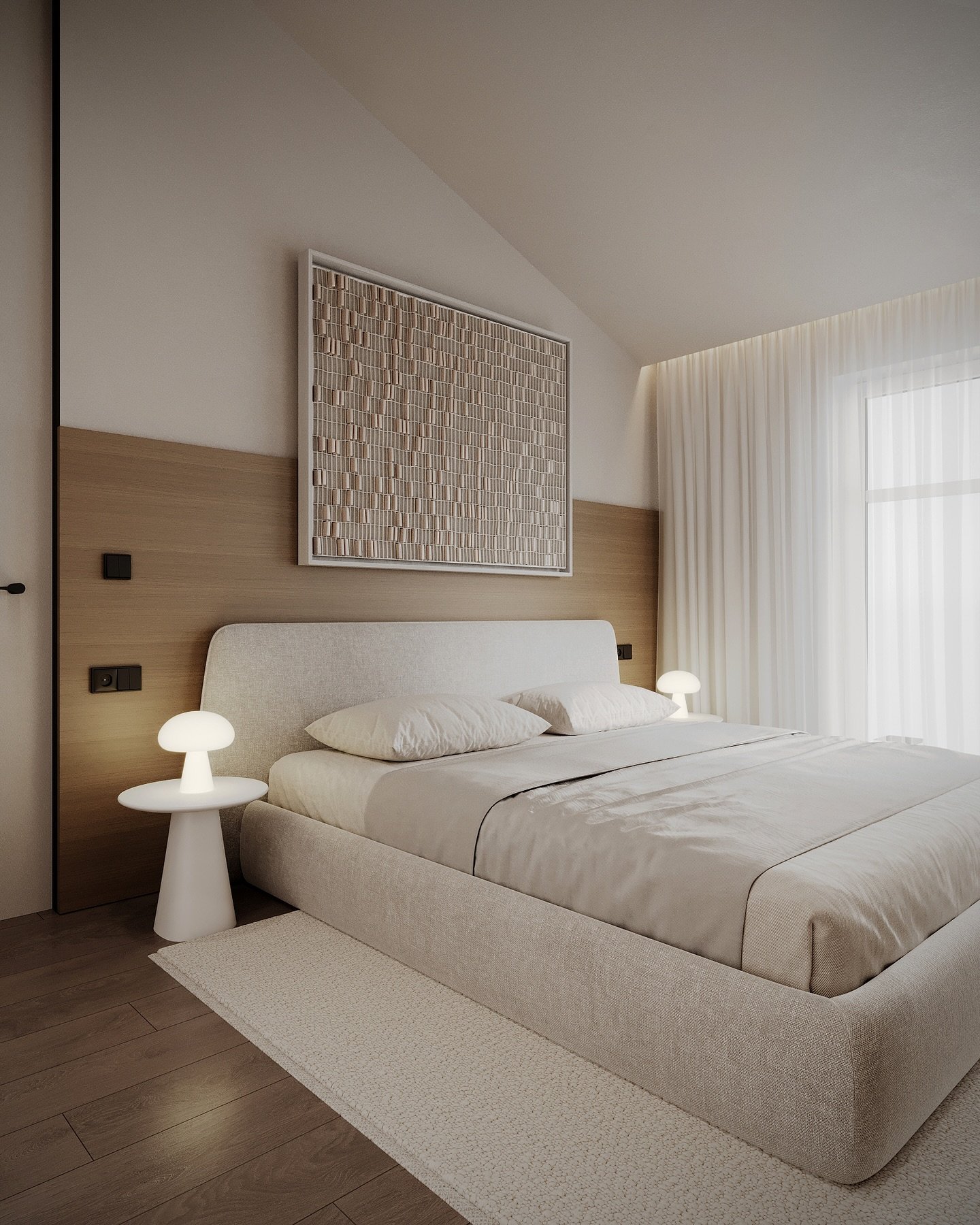 A contemporary beige and white attic bedroom featuring a low platform bed with a chunky upholstered frame, a warm wood accent wall, and geometric textured art above the headboard.