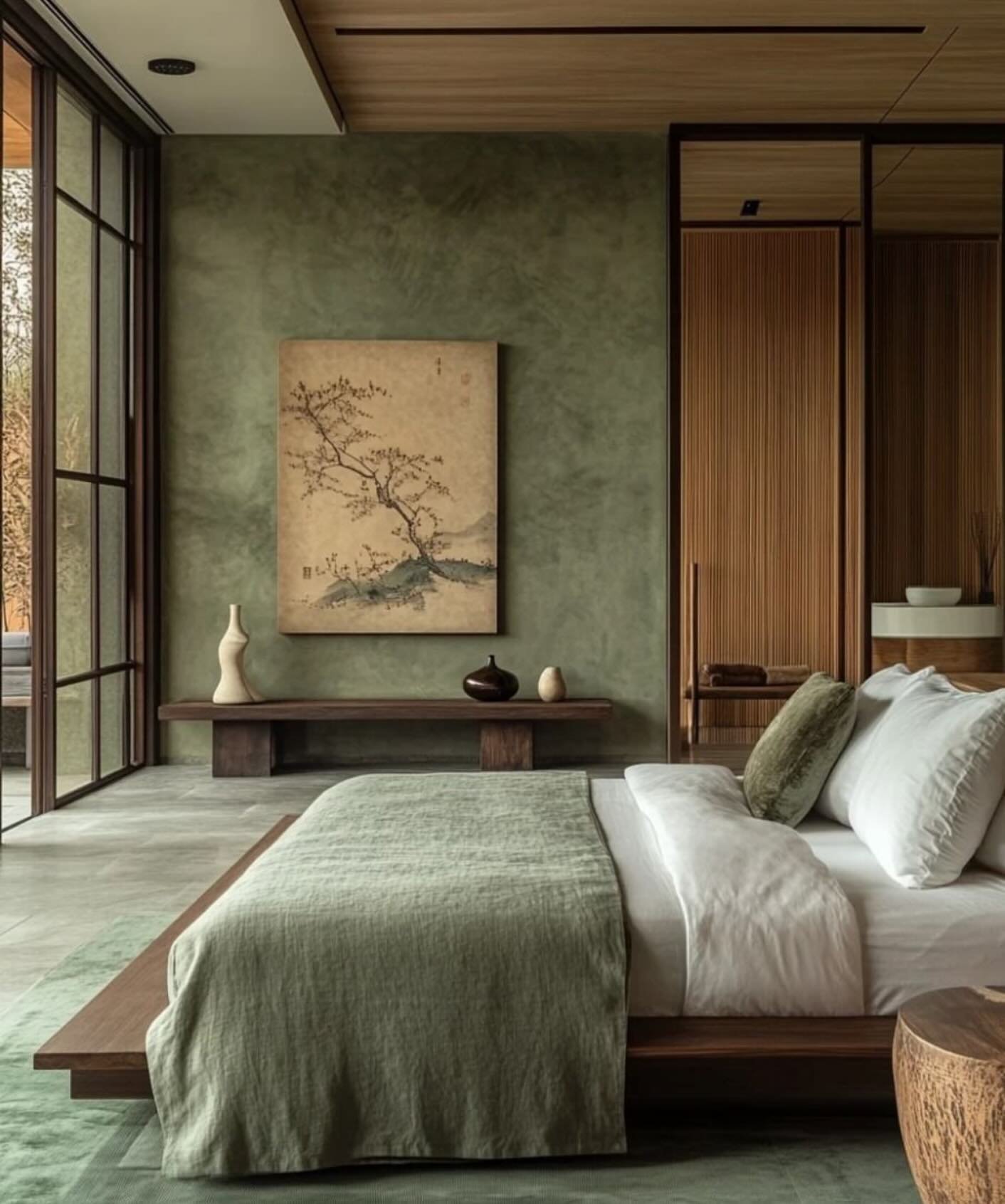 A tranquil, modern bedroom with one wall painted in a textured olive green finish, a low wood platform bed, and floor-to-ceiling windows.