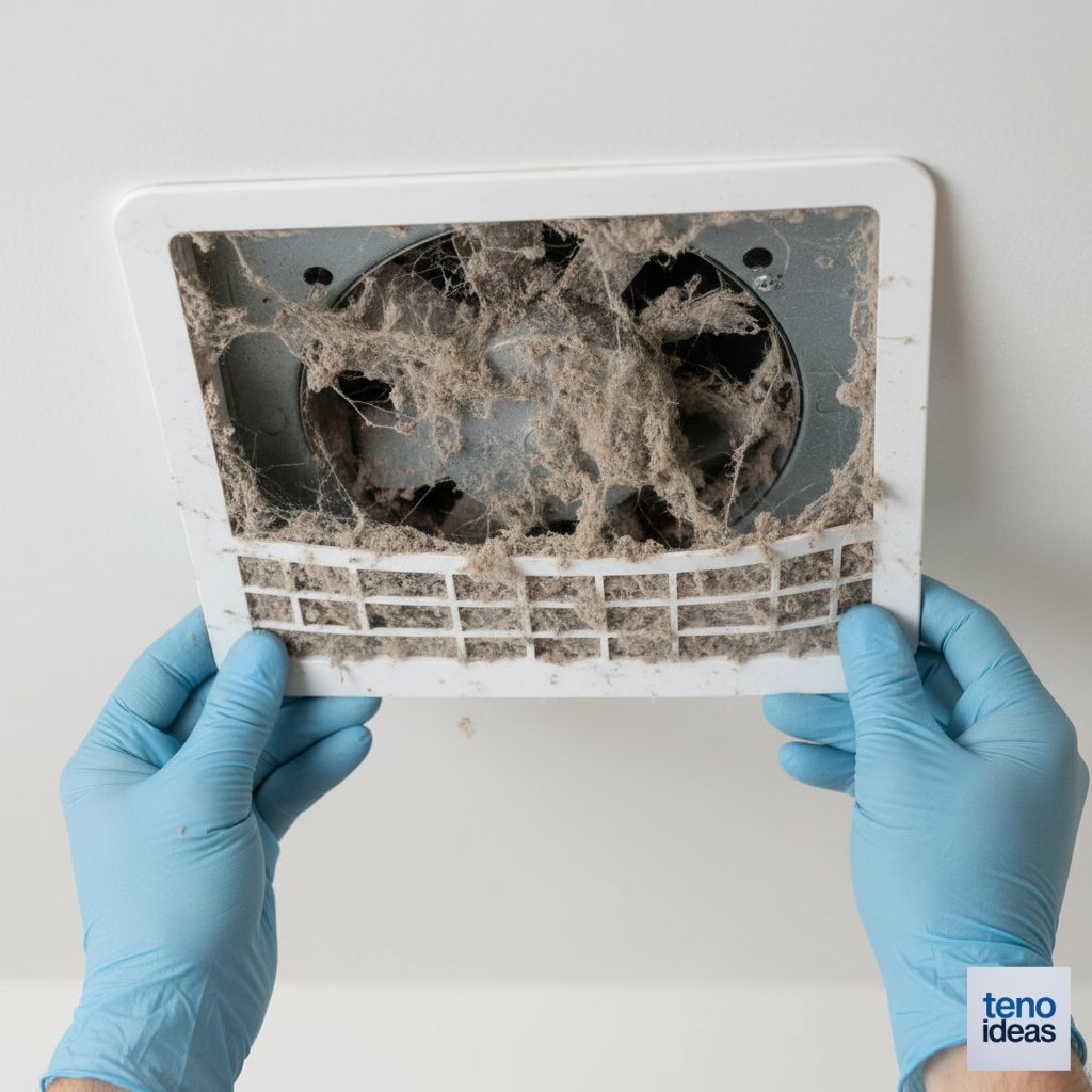 Hands removing dusty bathroom exhaust fan cover showing buildup inside