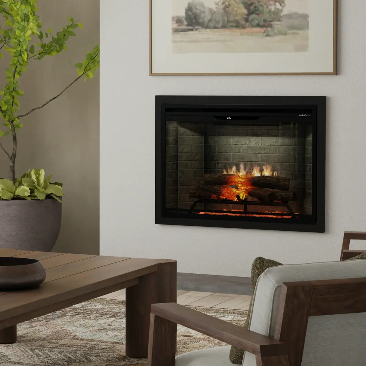 Square electric fireplace insert with a black frame and realistic glowing logs, set flush into a light gray wall above a modern wooden coffee table and armchair.