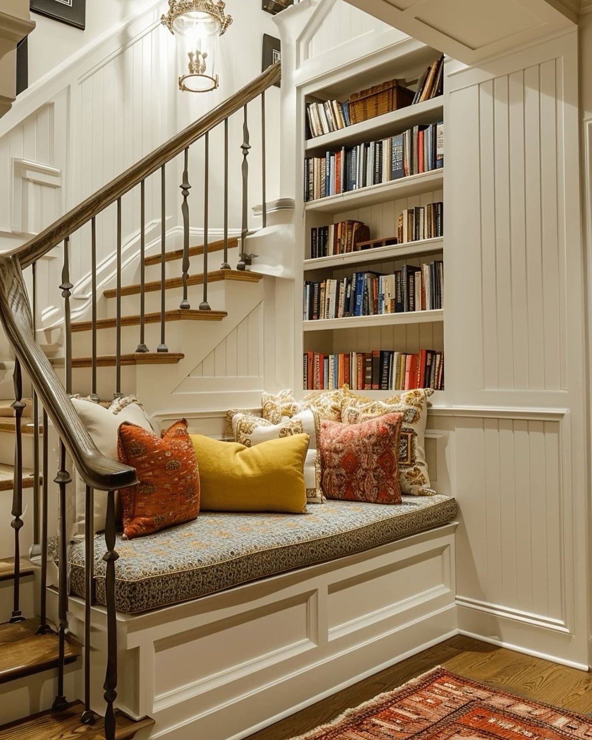 Built-in reading nook located under a staircase, featuring a patterned window seat cushion and built-in bookshelves against white wainscoting.