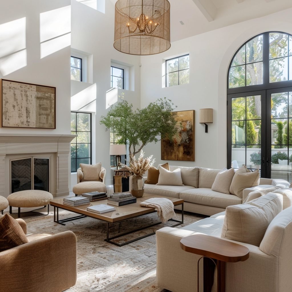 A luxurious double-height living room featuring massive arched black-framed windows, a large light-colored sectional, and a statement woven chandelier.