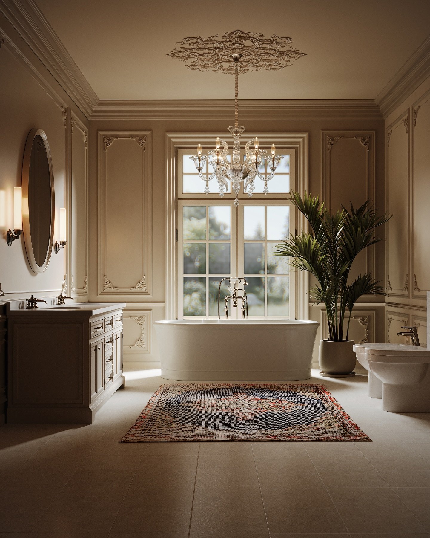A luxurious, traditional bathroom featuring tall wainscoting, an ornate chandelier, a freestanding tub by a large window, and a rectangular, dark red and blue distressed vintage-style rug on large beige floor tiles.